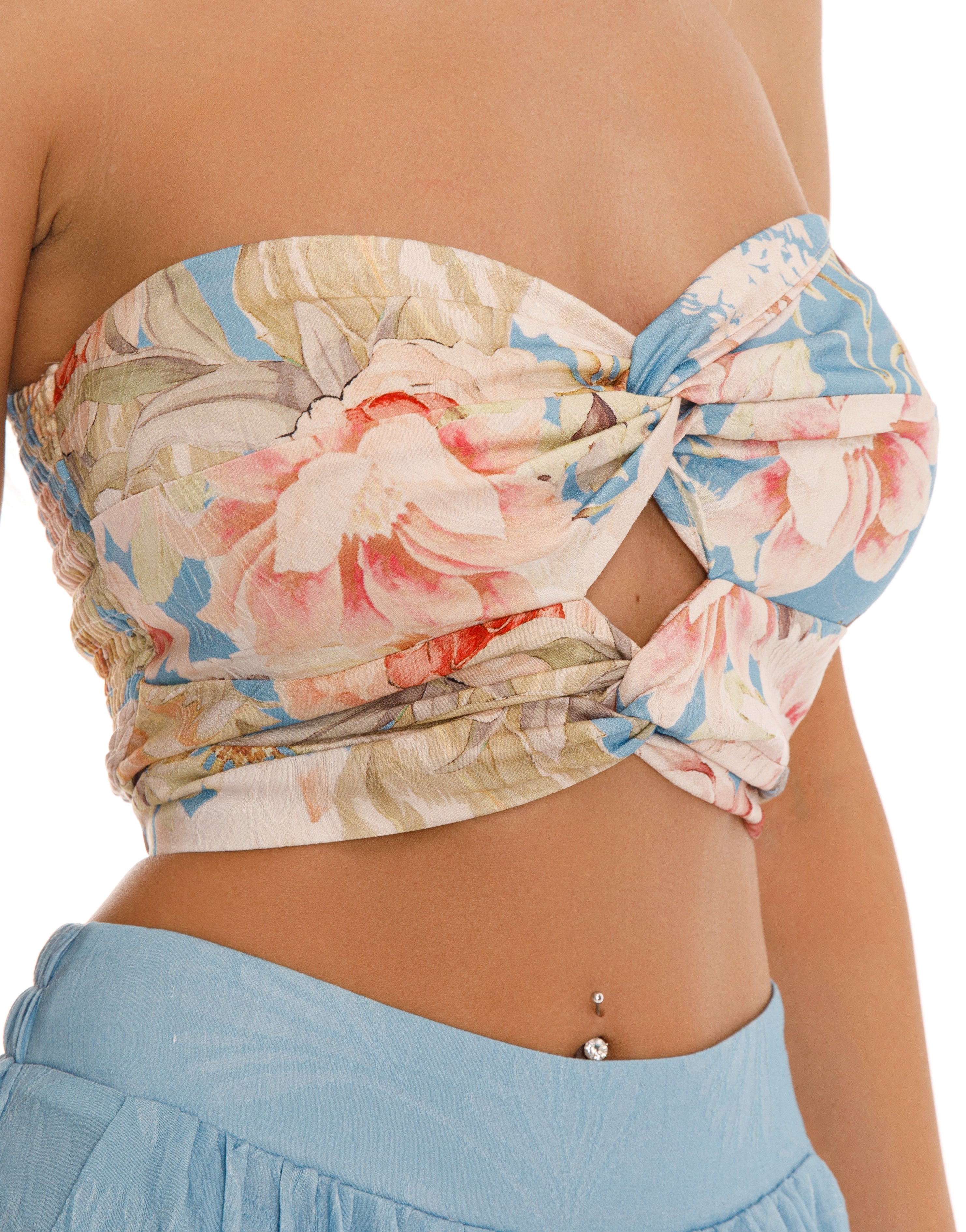 Floral Strapless Matching Set - Light Blue