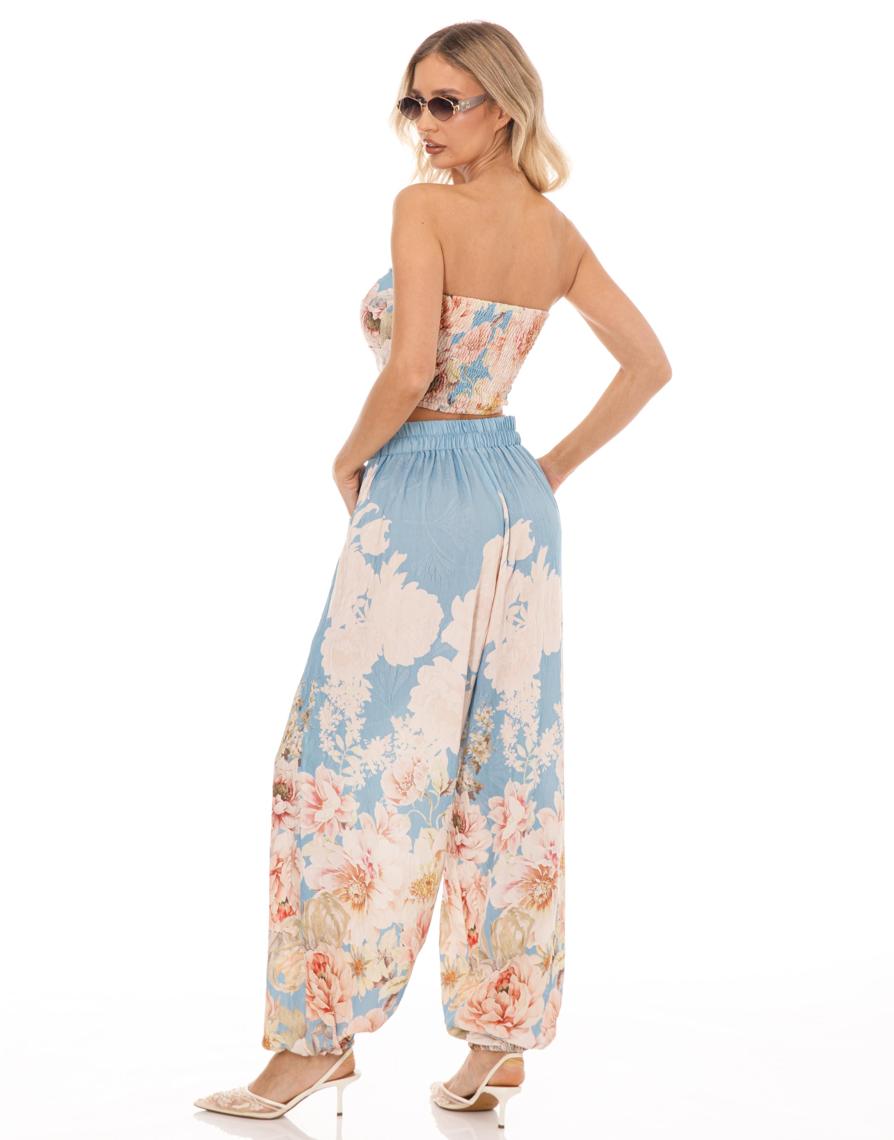 Floral Strapless Matching Set - Light Blue