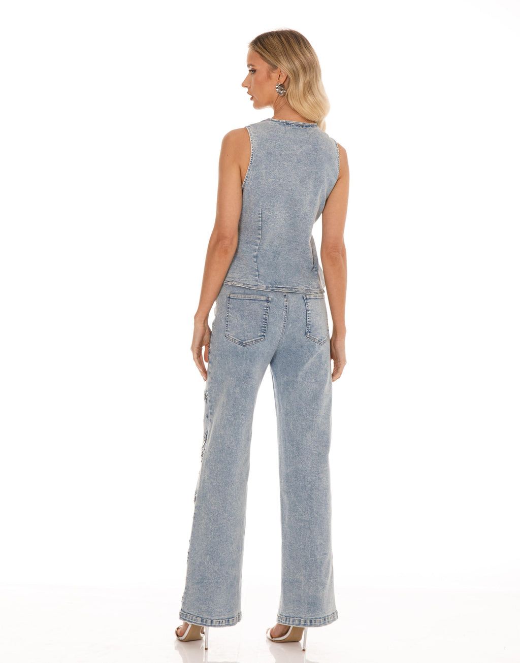 Floral Embellished Denim Set - Denim