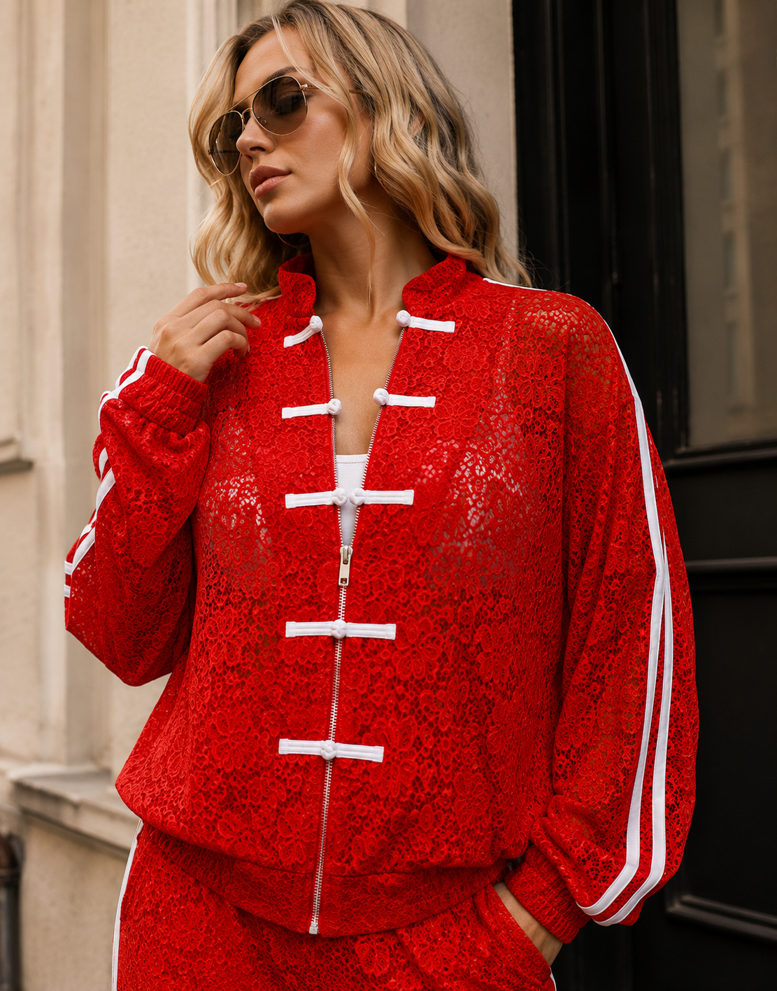 Lace Tracksuit Set - Red