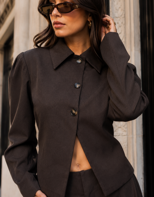 Blazer + Wide Leg Pants Set - Brown