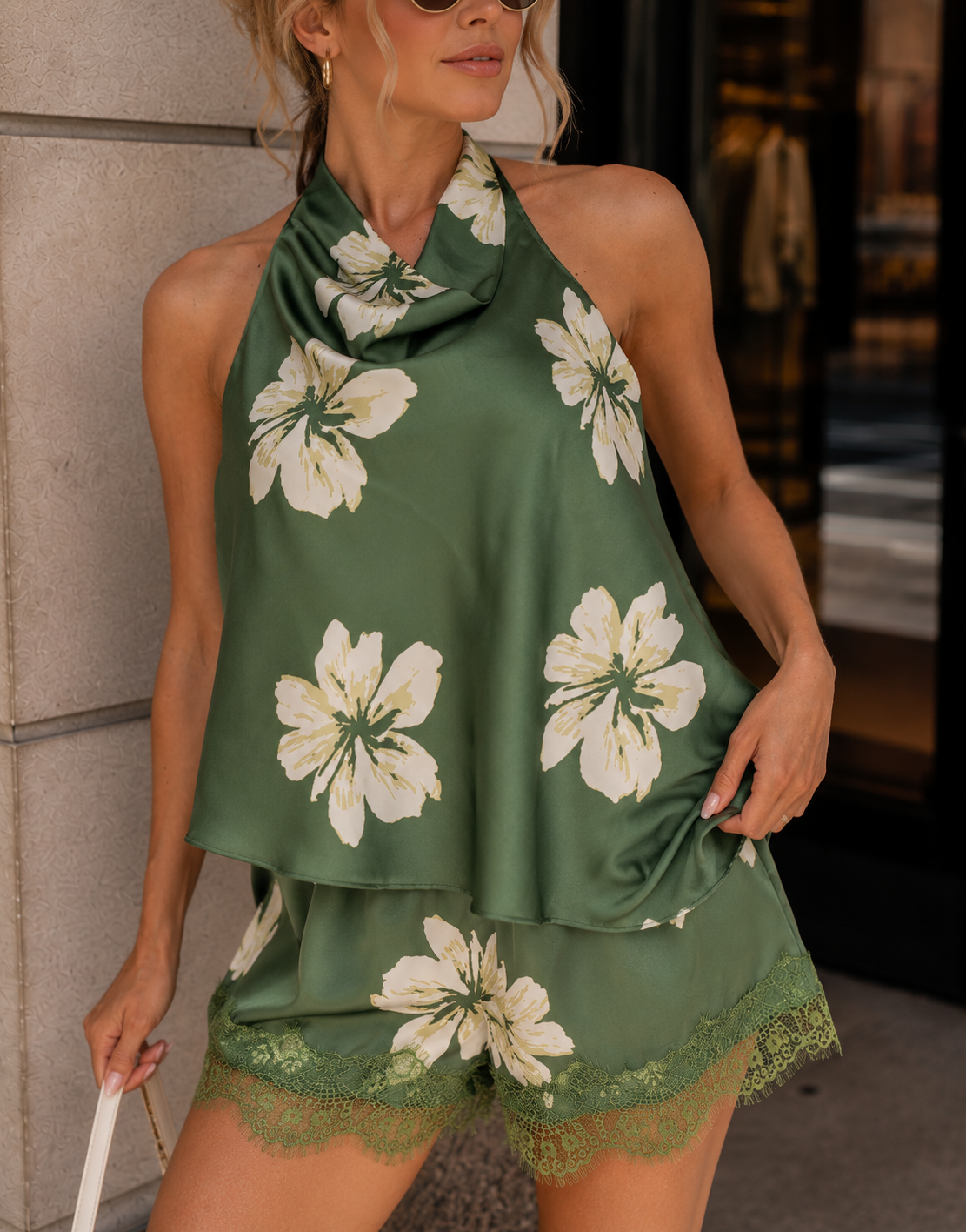 Floral Satin Halter Set - Green