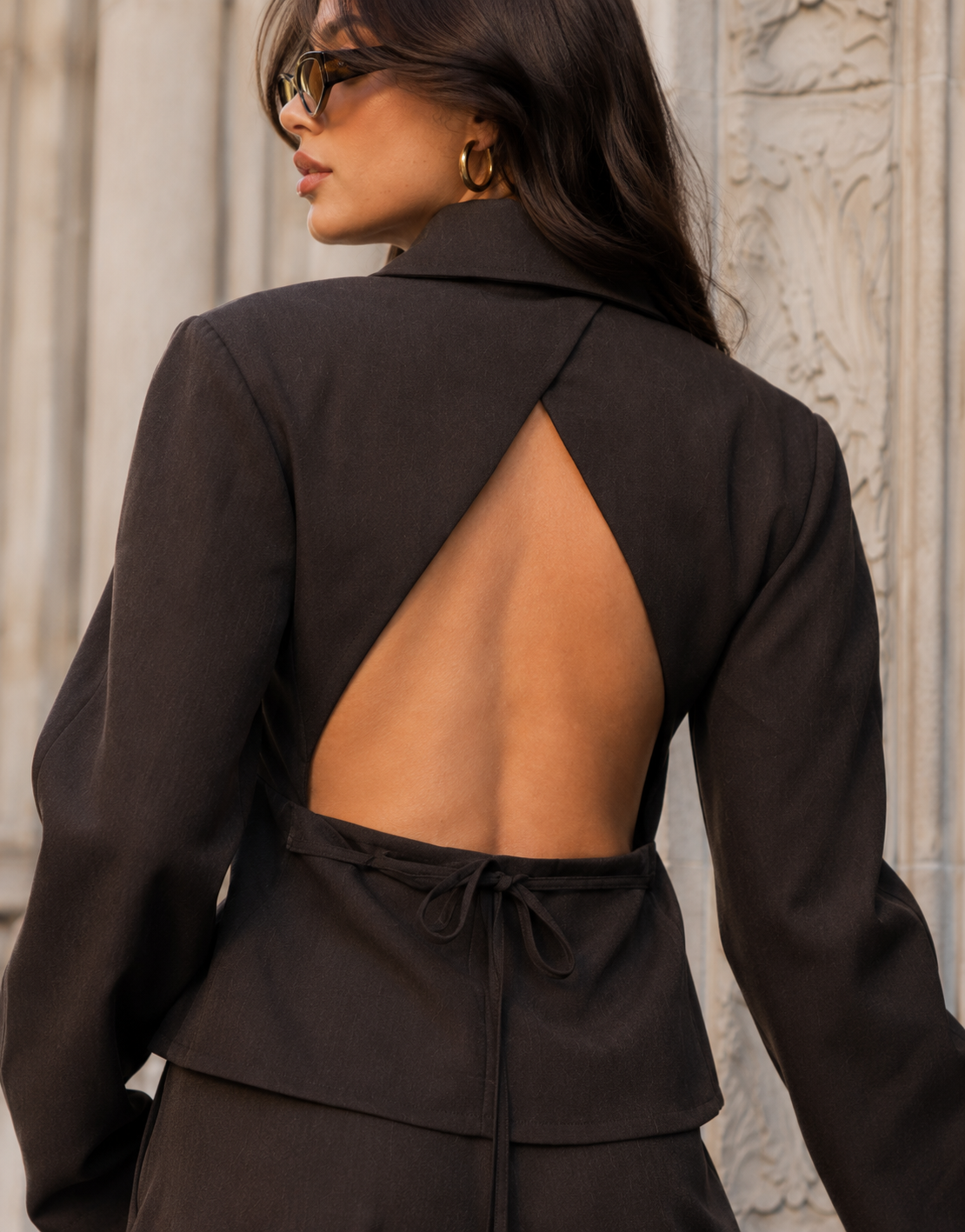 Blazer + Wide Leg Pants Set - Brown