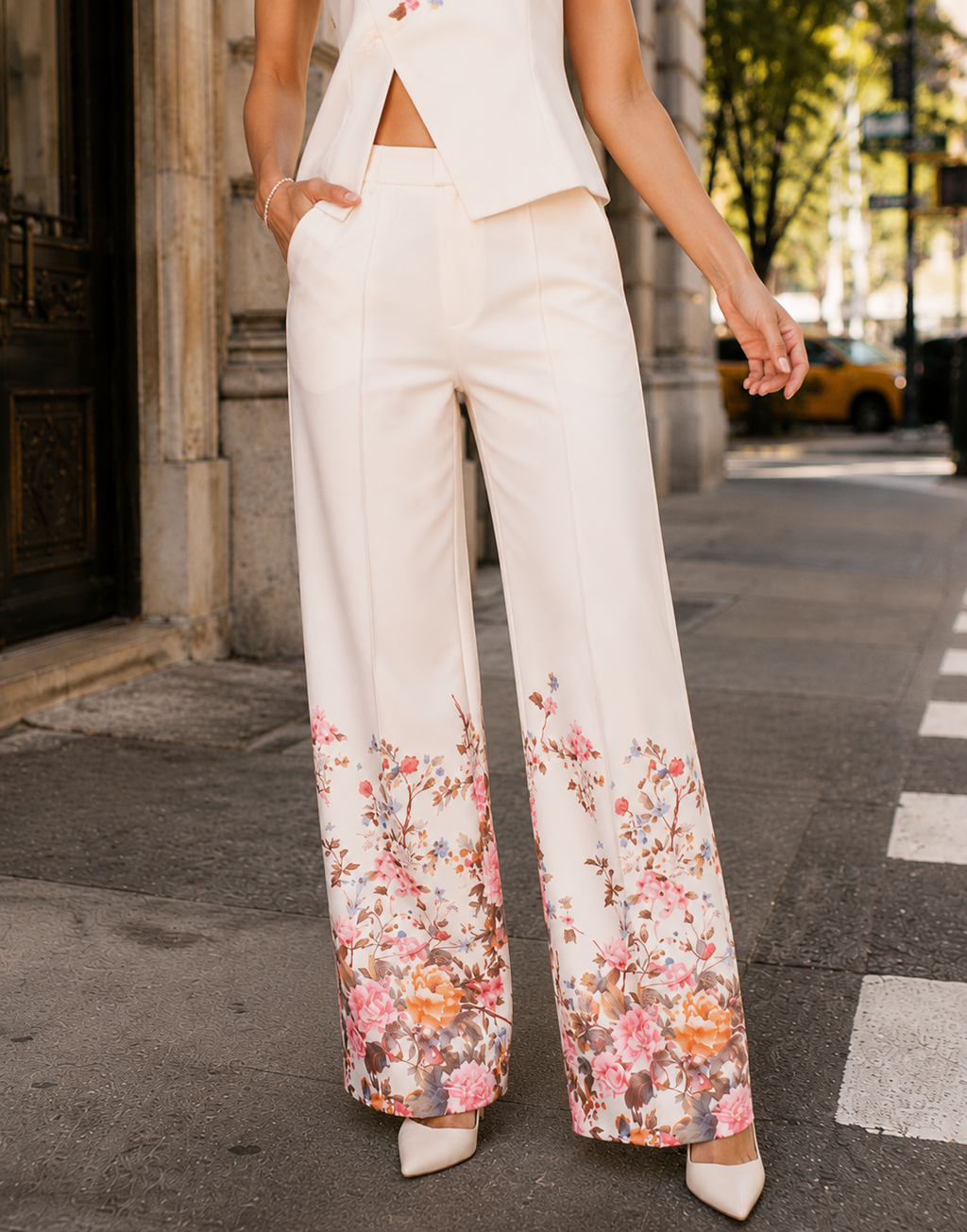 Floral Halter Top + Pants Set - Beige