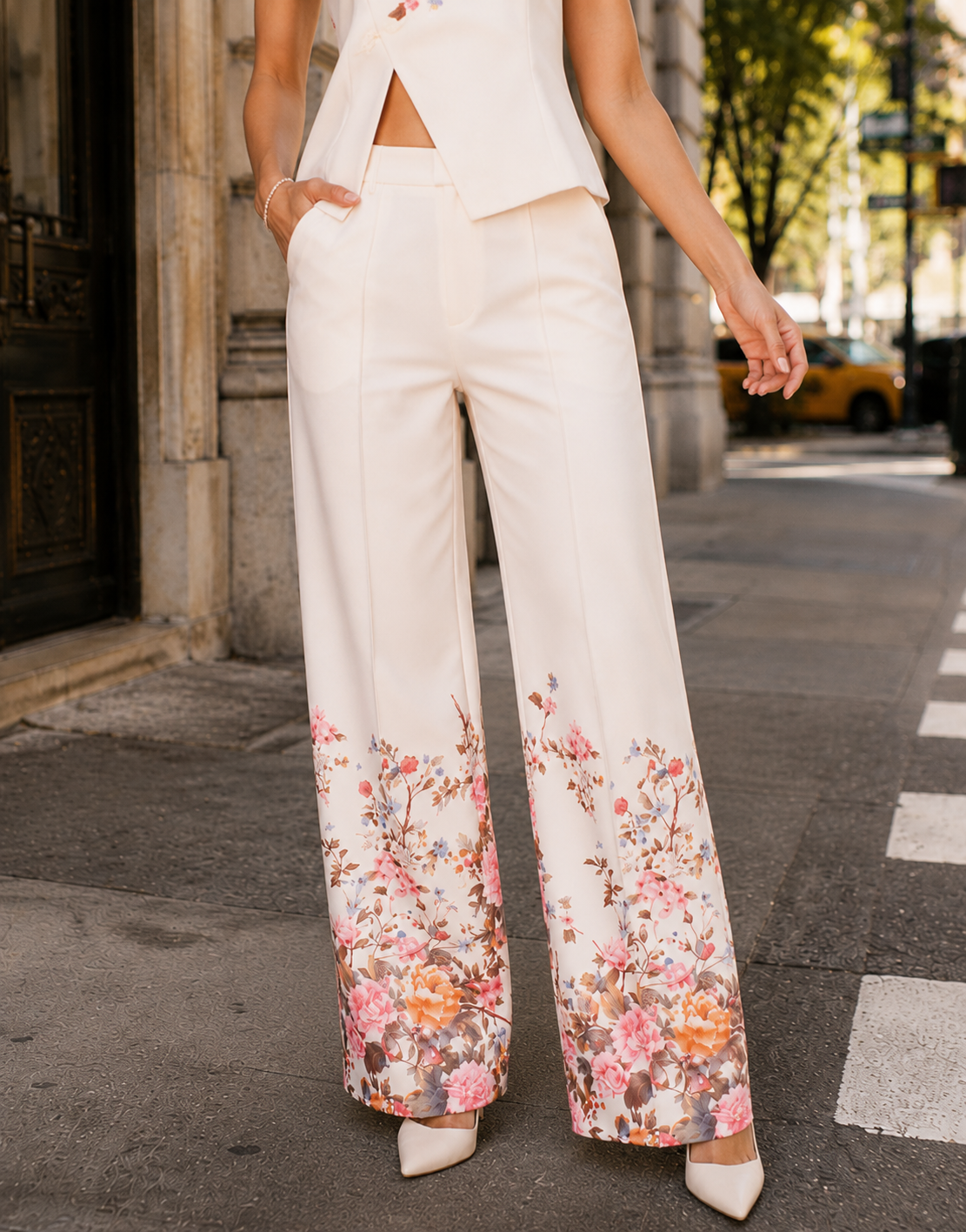 Floral Halter Top + Pants Set - Beige