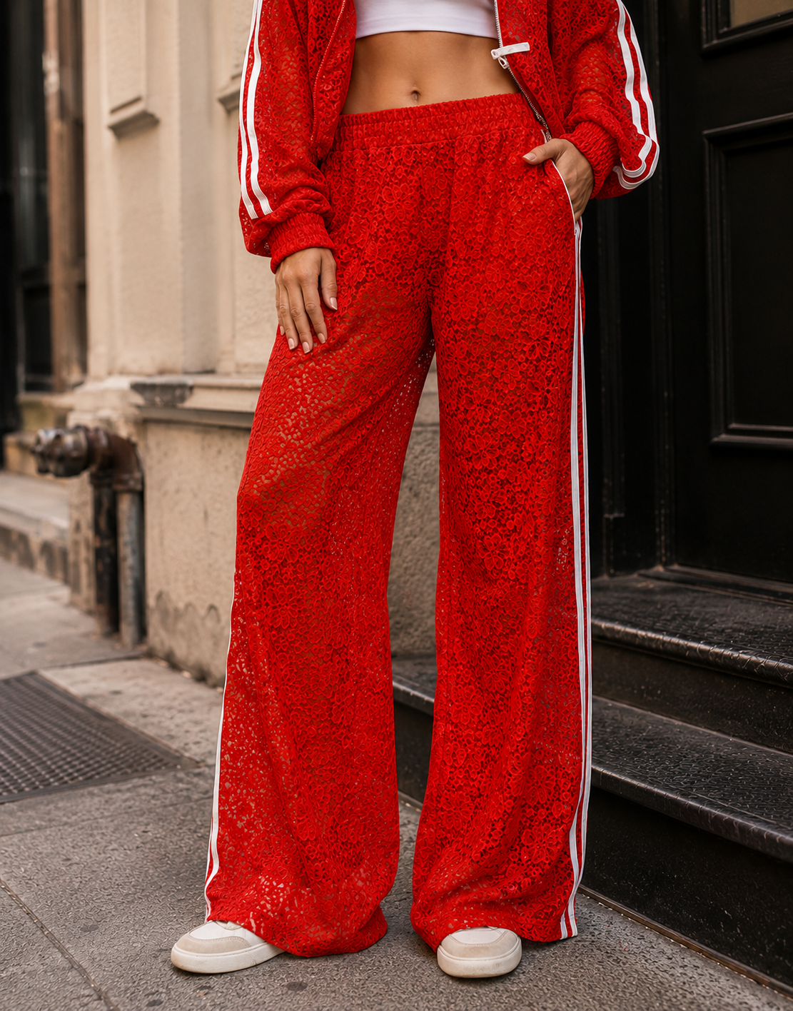 Lace Tracksuit Set - Red