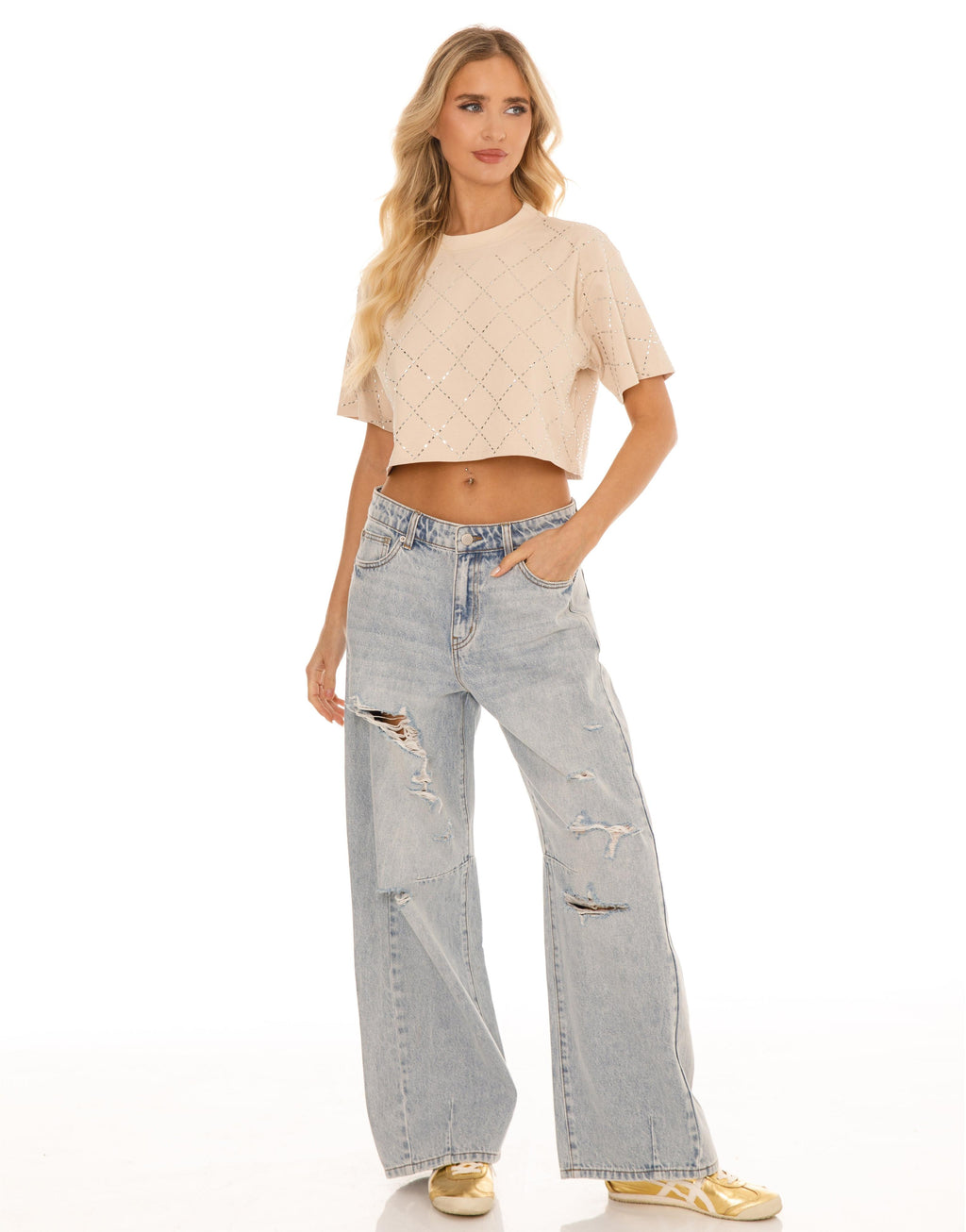 Diamond Eyelet Cropped Tee - Beige