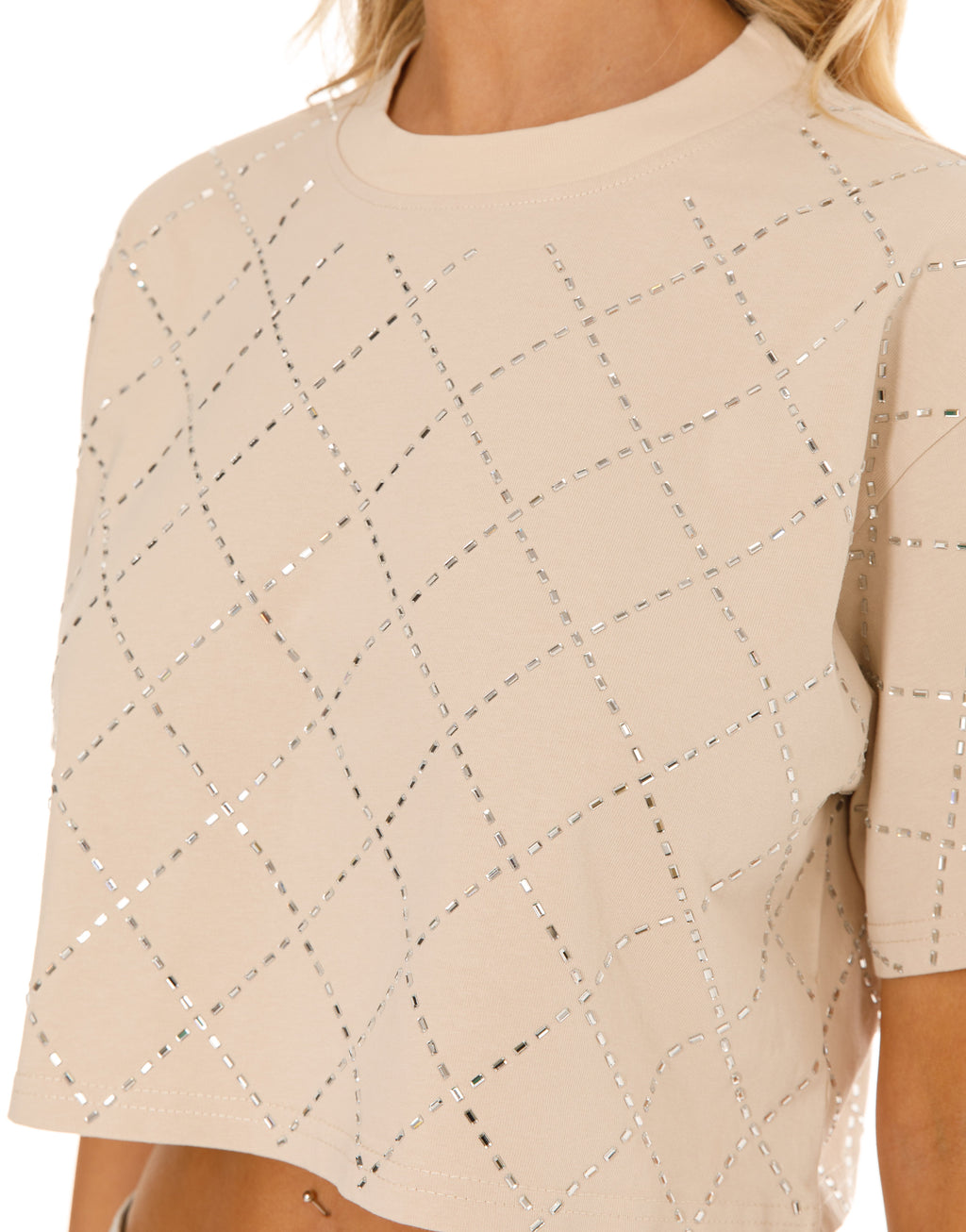 Diamond Eyelet Cropped Tee - Beige