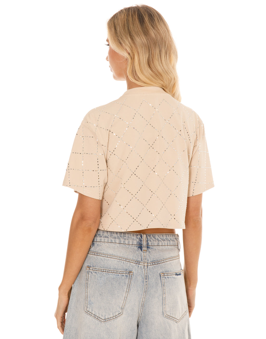 Diamond Eyelet Cropped Tee - Beige