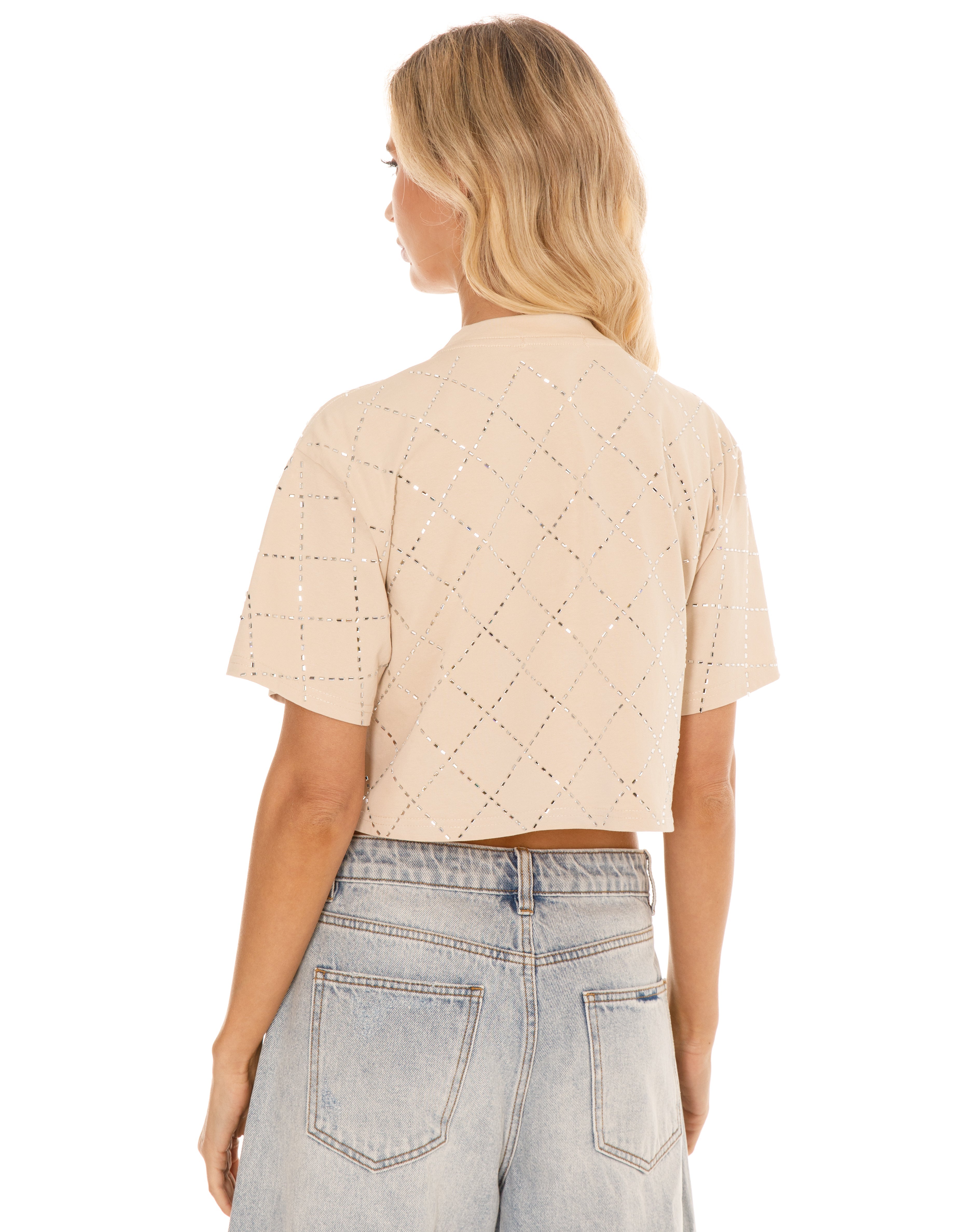 Diamond Eyelet Cropped Tee - Beige