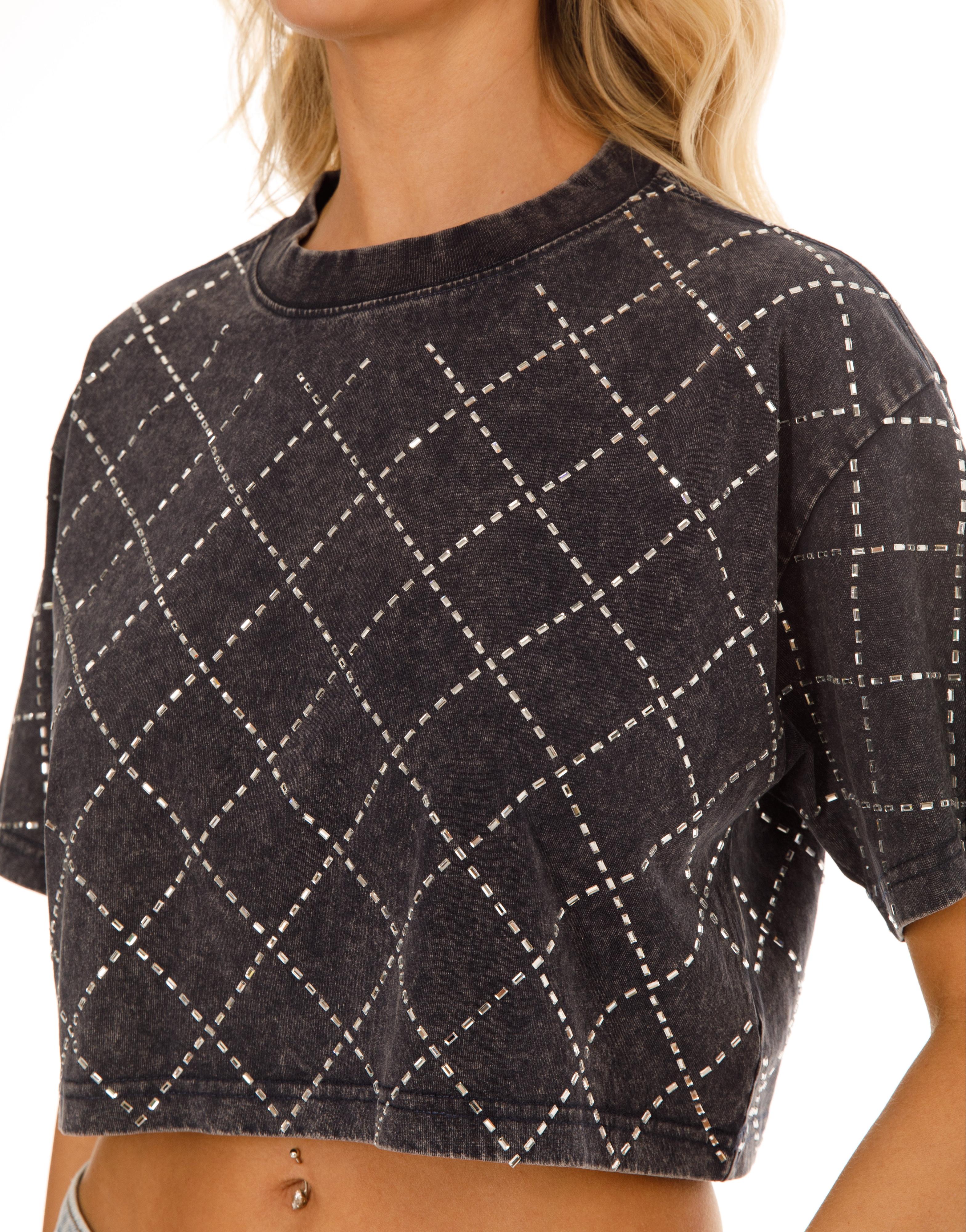 Diamond Eyelet Cropped Tee - Black