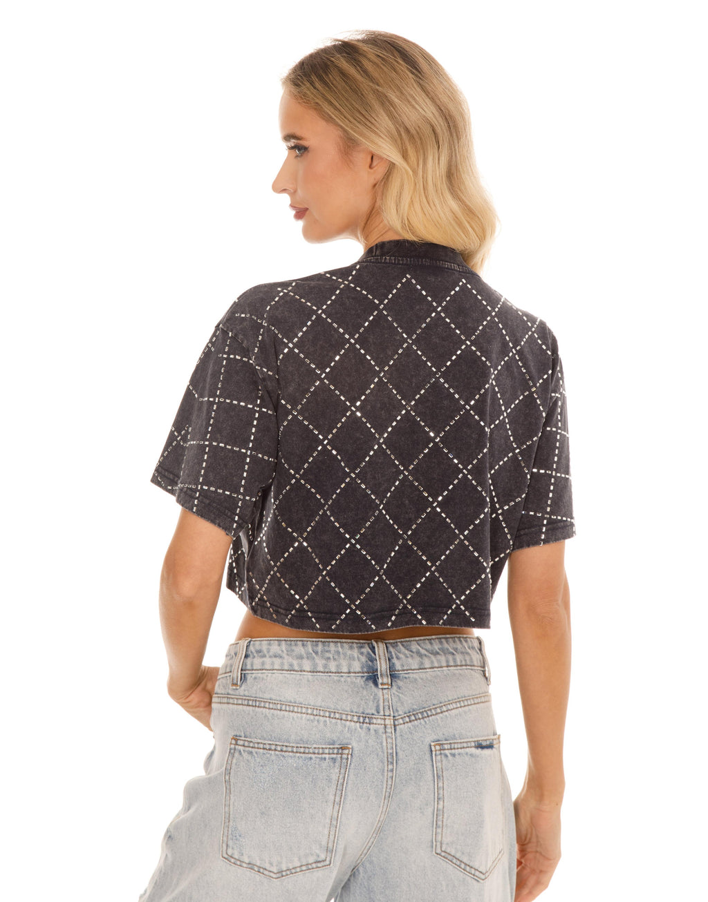 Diamond Eyelet Cropped Tee - Black