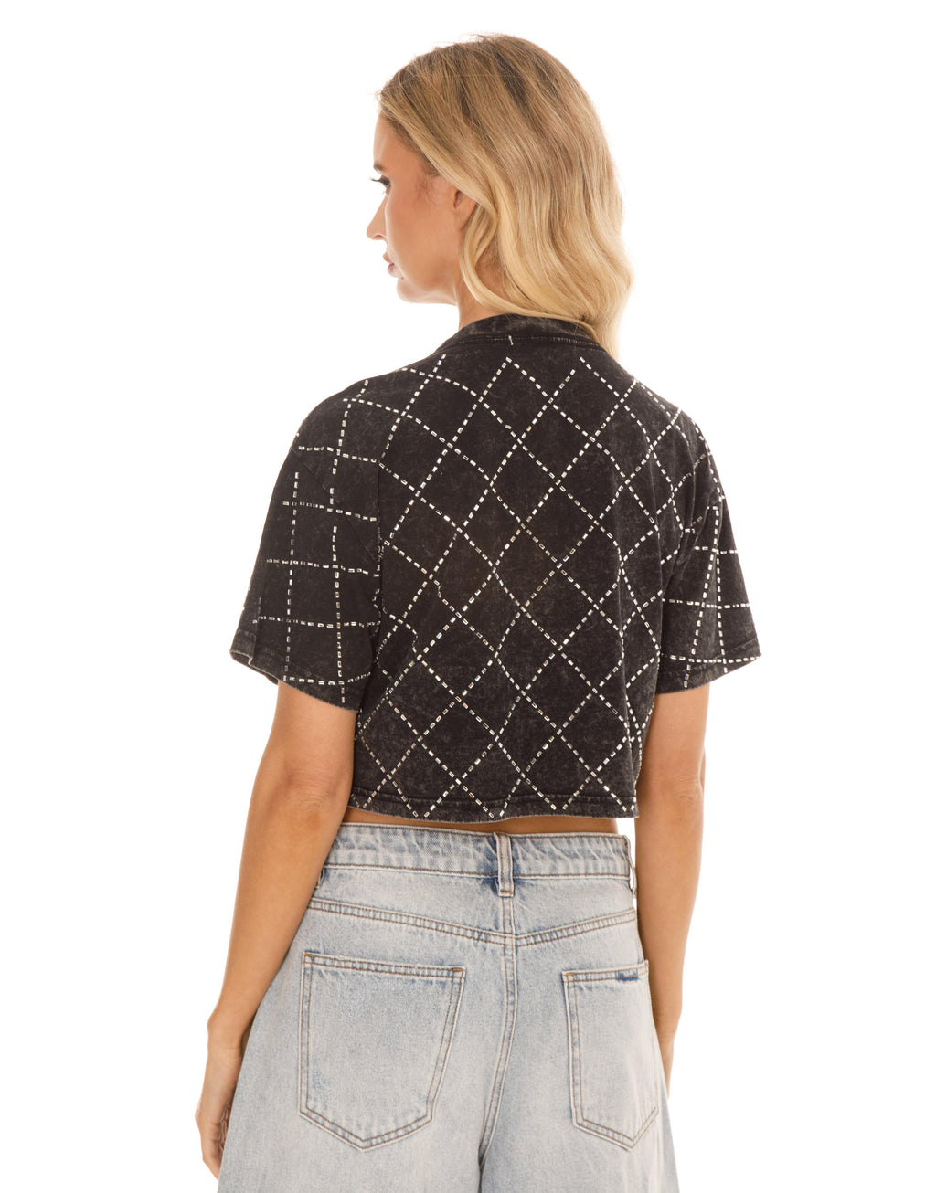 Diamond Eyelet Cropped Tee - Black