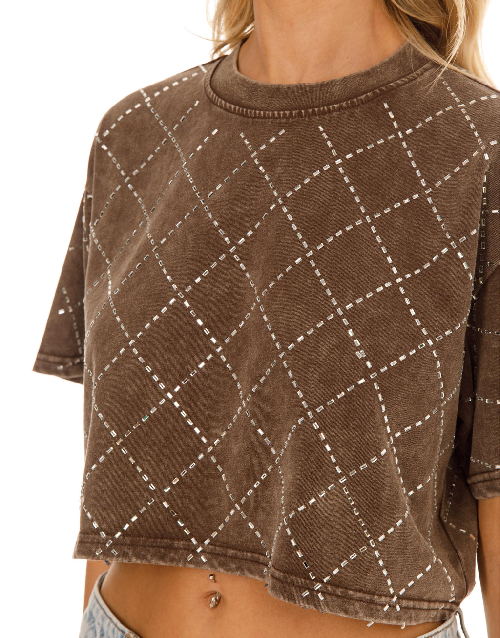 Diamond Eyelet Cropped Tee - Brown