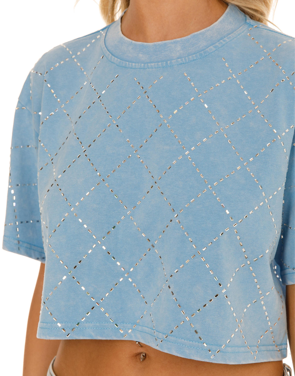Diamond Eyelet Cropped Tee - Light Blue