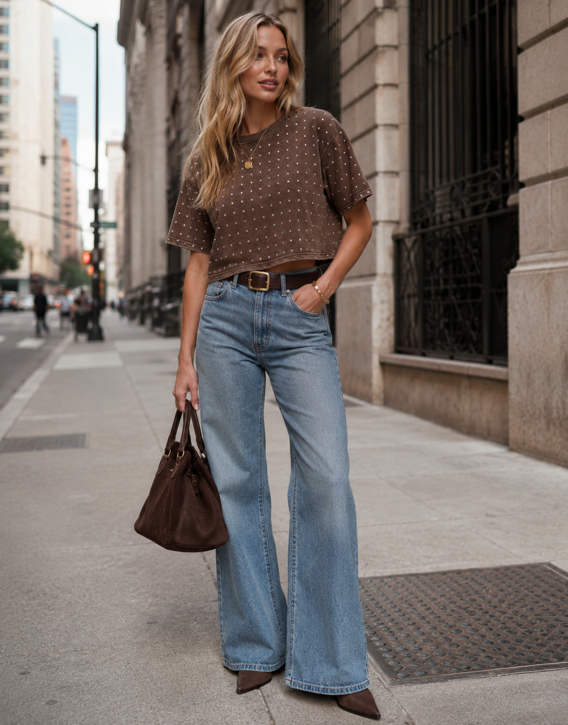 Cropped Studded T Shirt - Brown
