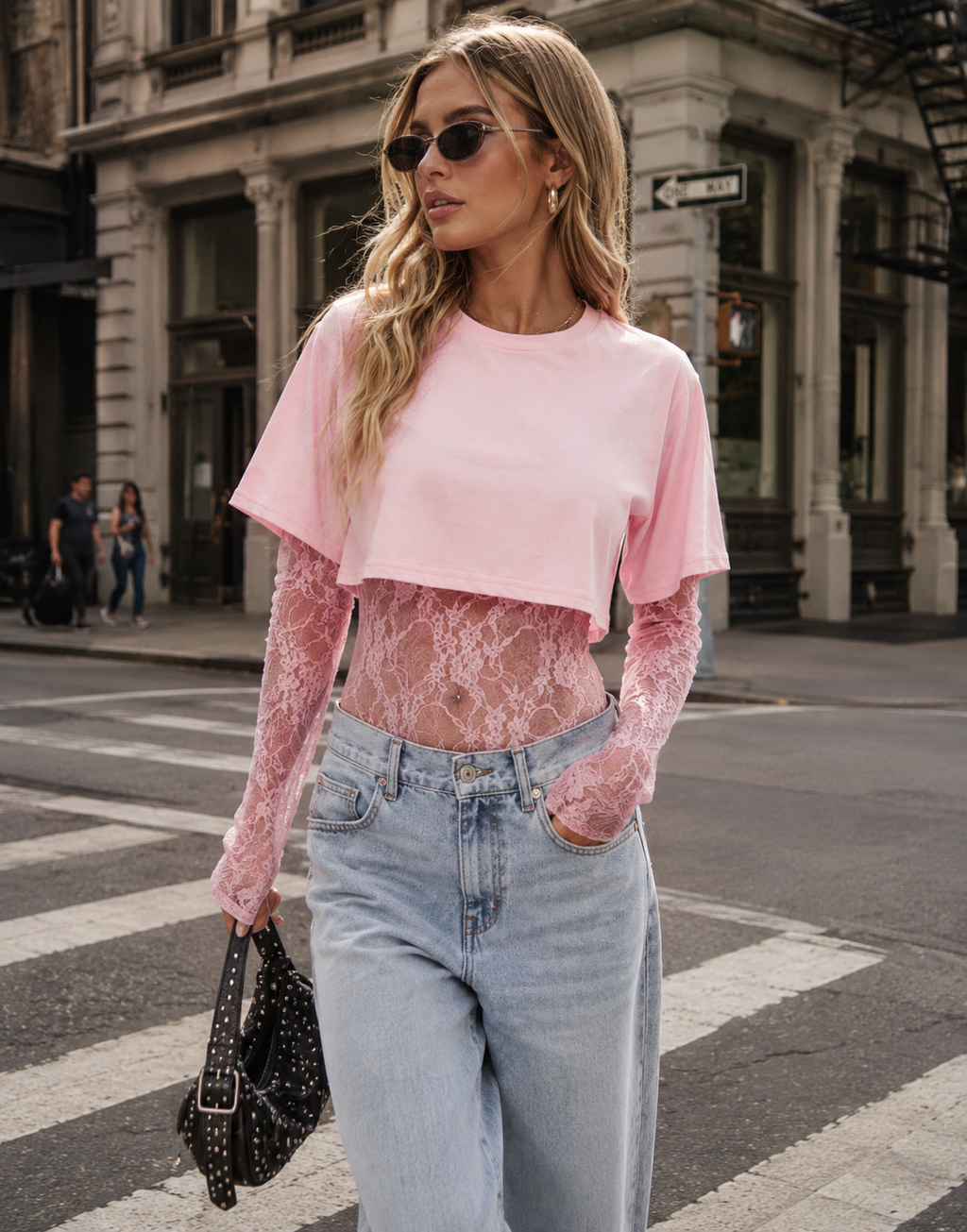 Lace Bodysuit With Boxy Cropped Tee Combo - Pink
