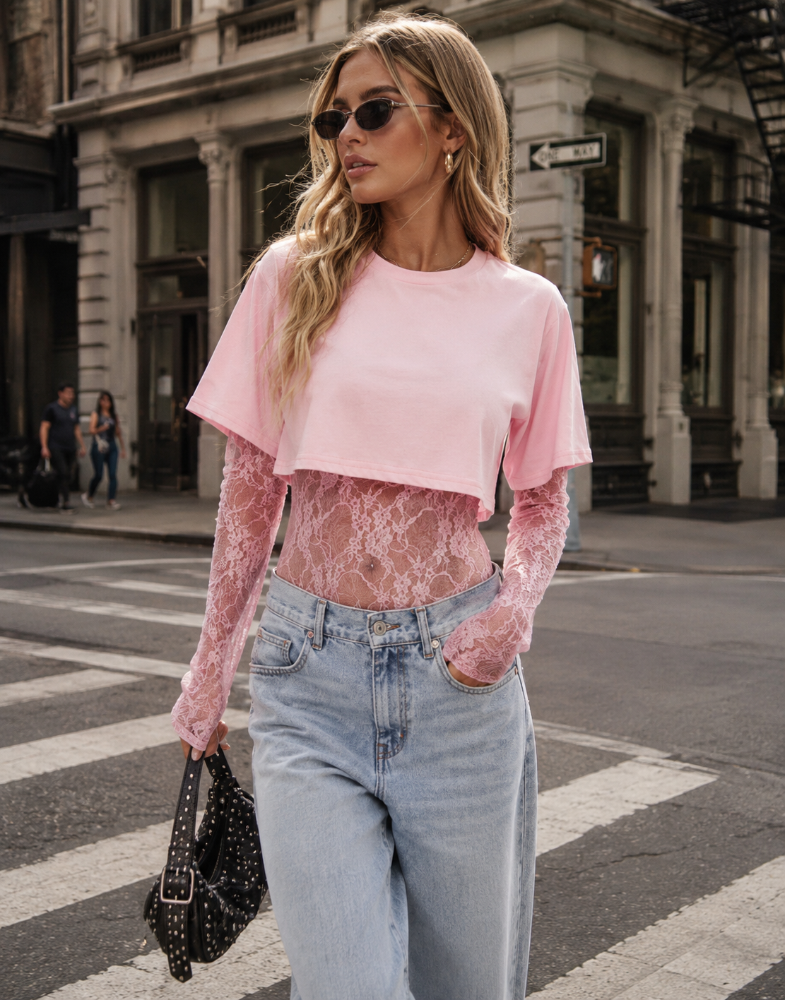 Lace Bodysuit With Boxy Cropped Tee Combo - Pink