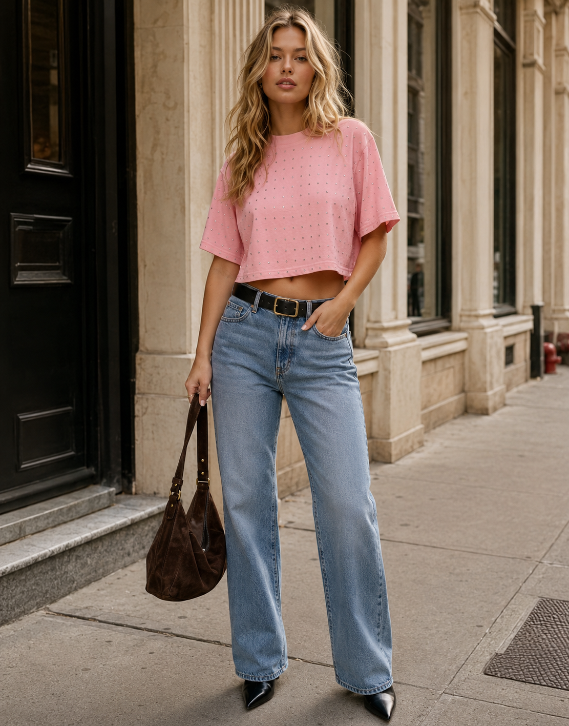 Cropped Studded T Shirt - Pink