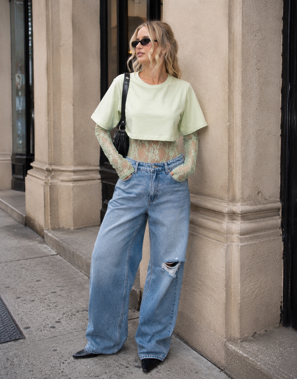 Lace Bodysuit With Boxy Cropped Tee Combo - Green
