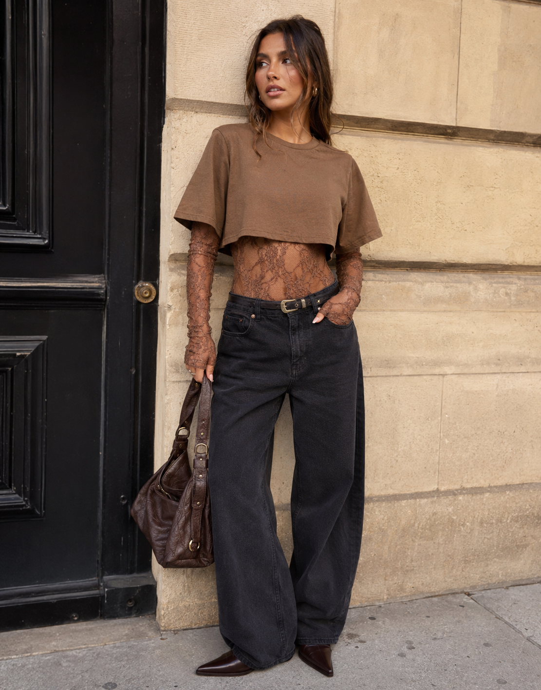 Lace Bodysuit With Boxy Cropped Tee Combo - Brown