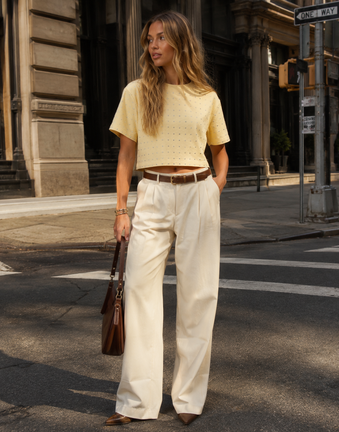 Cropped Studded T Shirt - Yellow