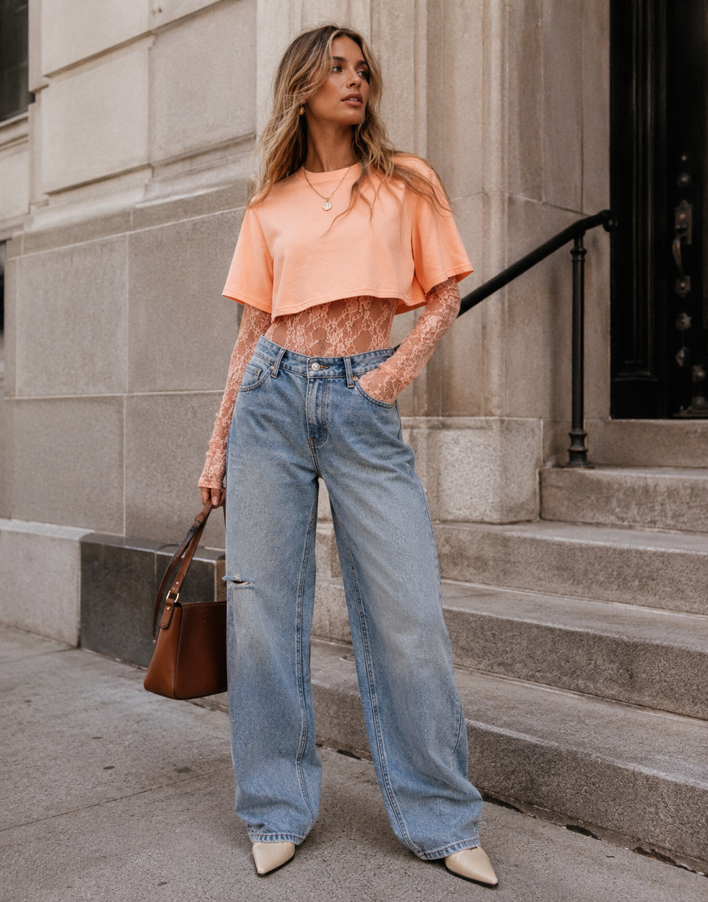 Lace Bodysuit With Boxy Cropped Tee Combo - Peach