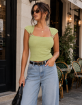Square-Neck Gold Buckle Crop Top - Green
