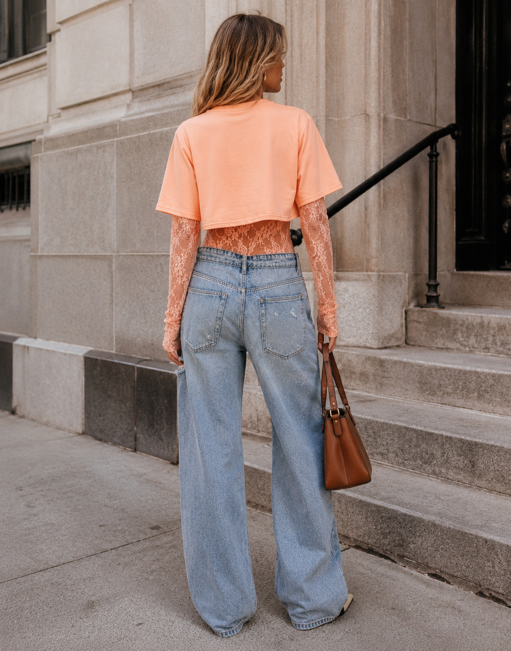 Lace Bodysuit With Boxy Cropped Tee Combo - Peach