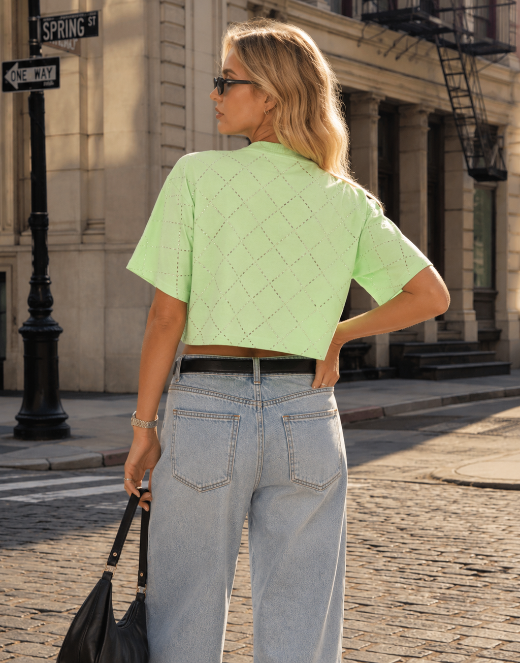 Diamond Studded Cropped Tee - Green