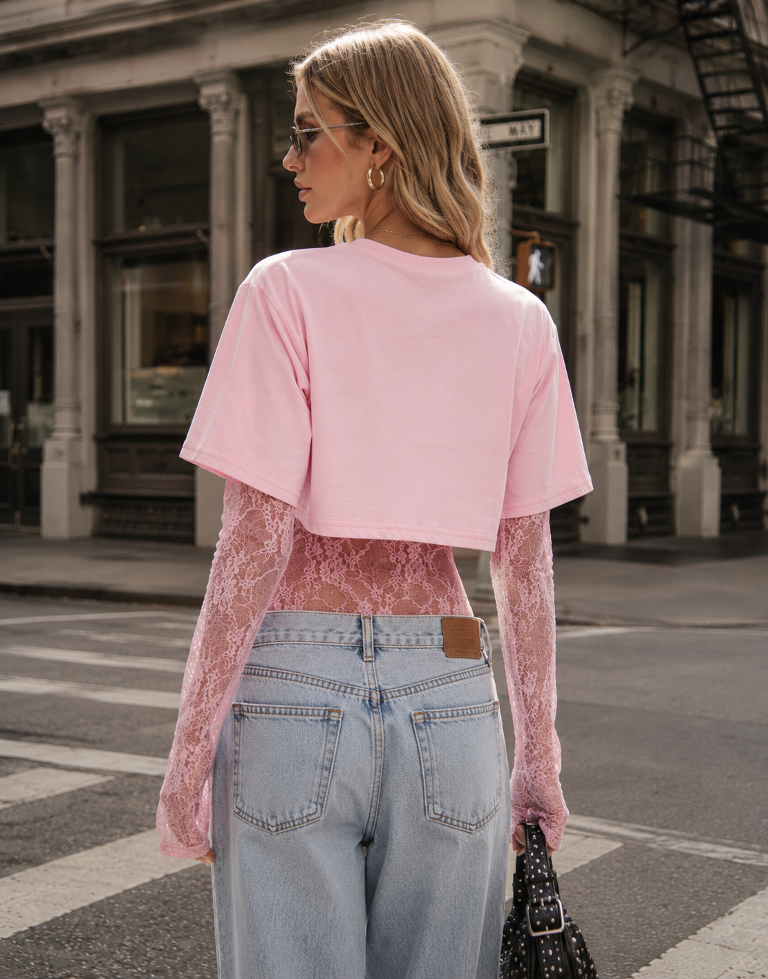 Lace Bodysuit With Boxy Cropped Tee Combo - Pink