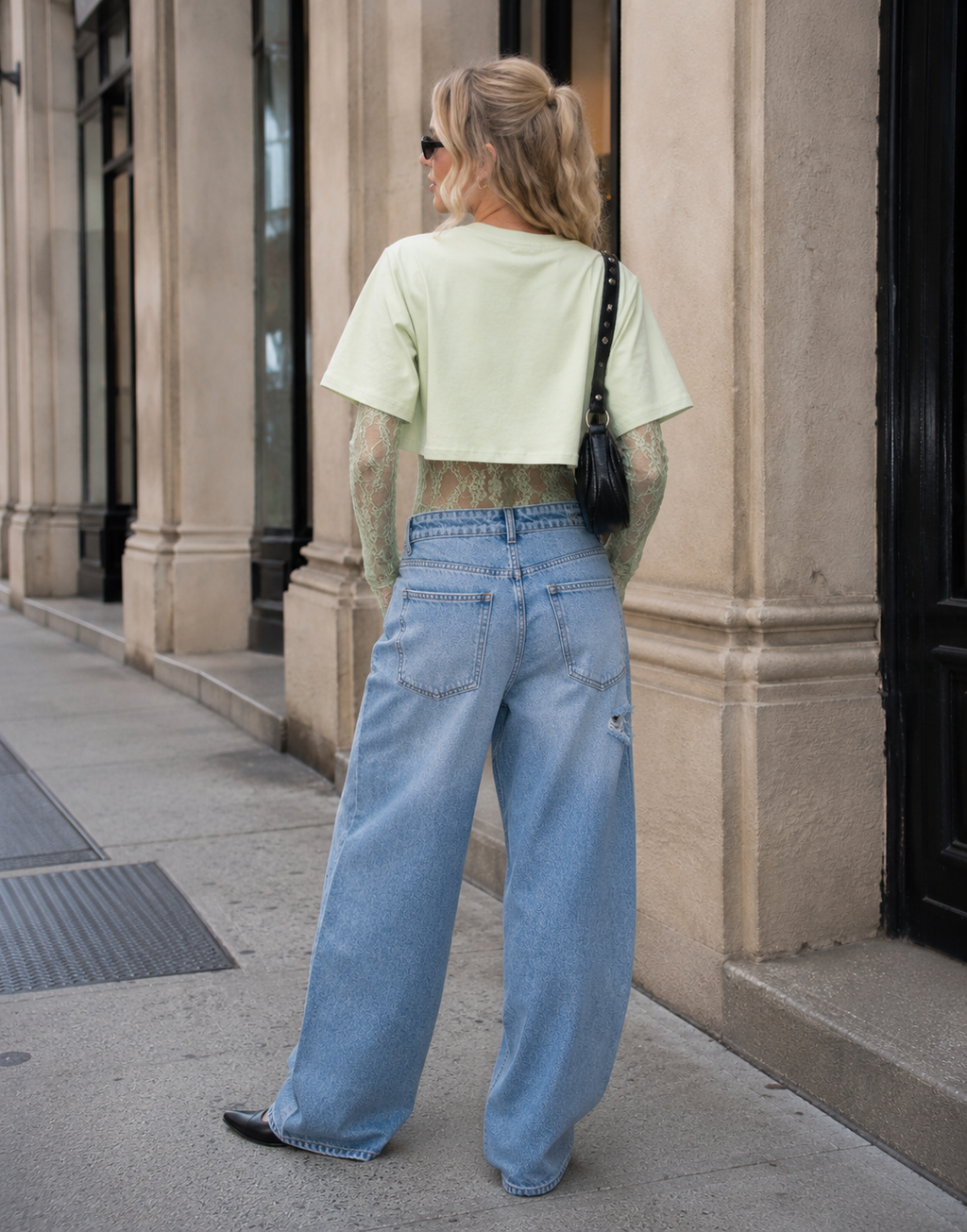 Lace Bodysuit With Boxy Cropped Tee Combo - Green