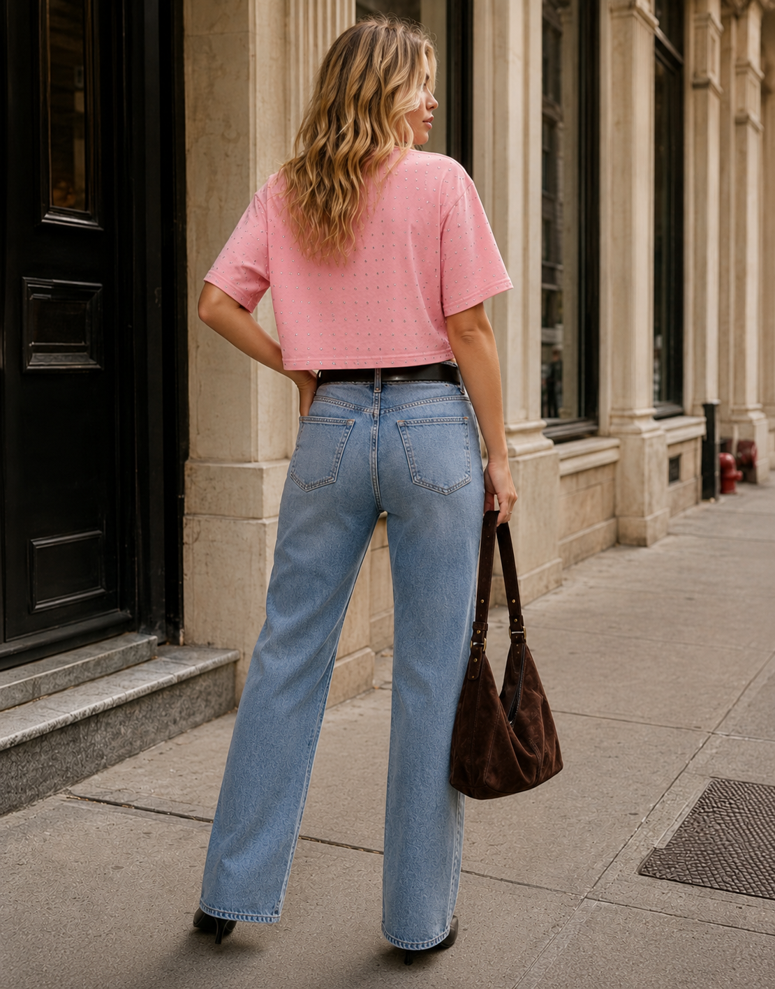 Cropped Studded T Shirt - Pink