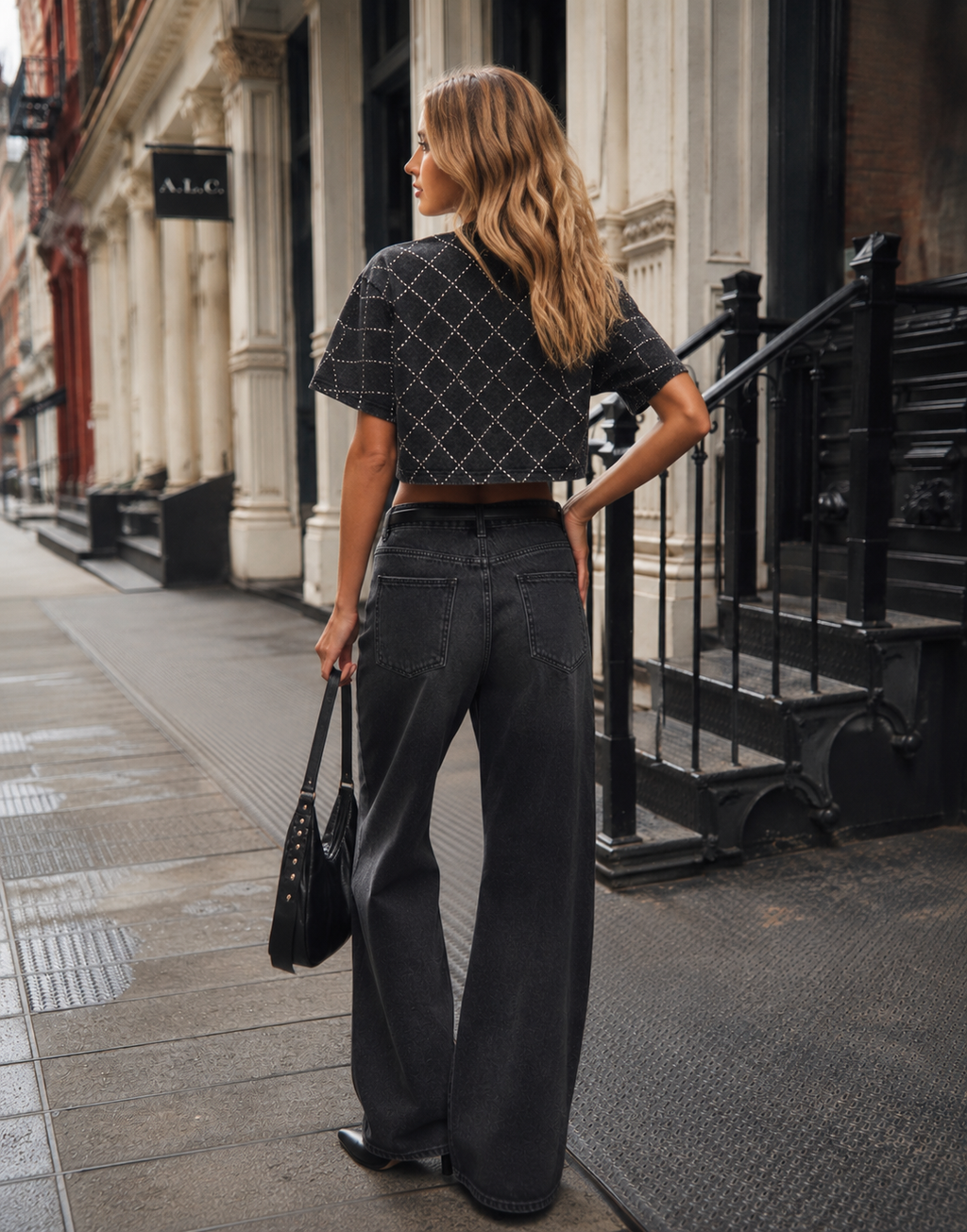 Diamond Studded Cropped Tee - Black