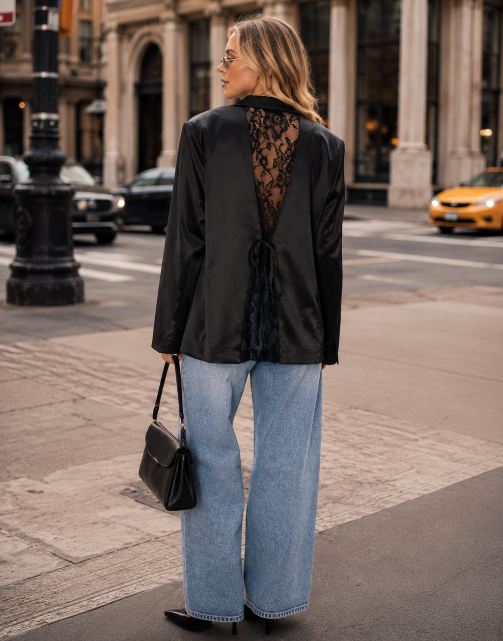 Satin Double-Breasted Blazer - Black