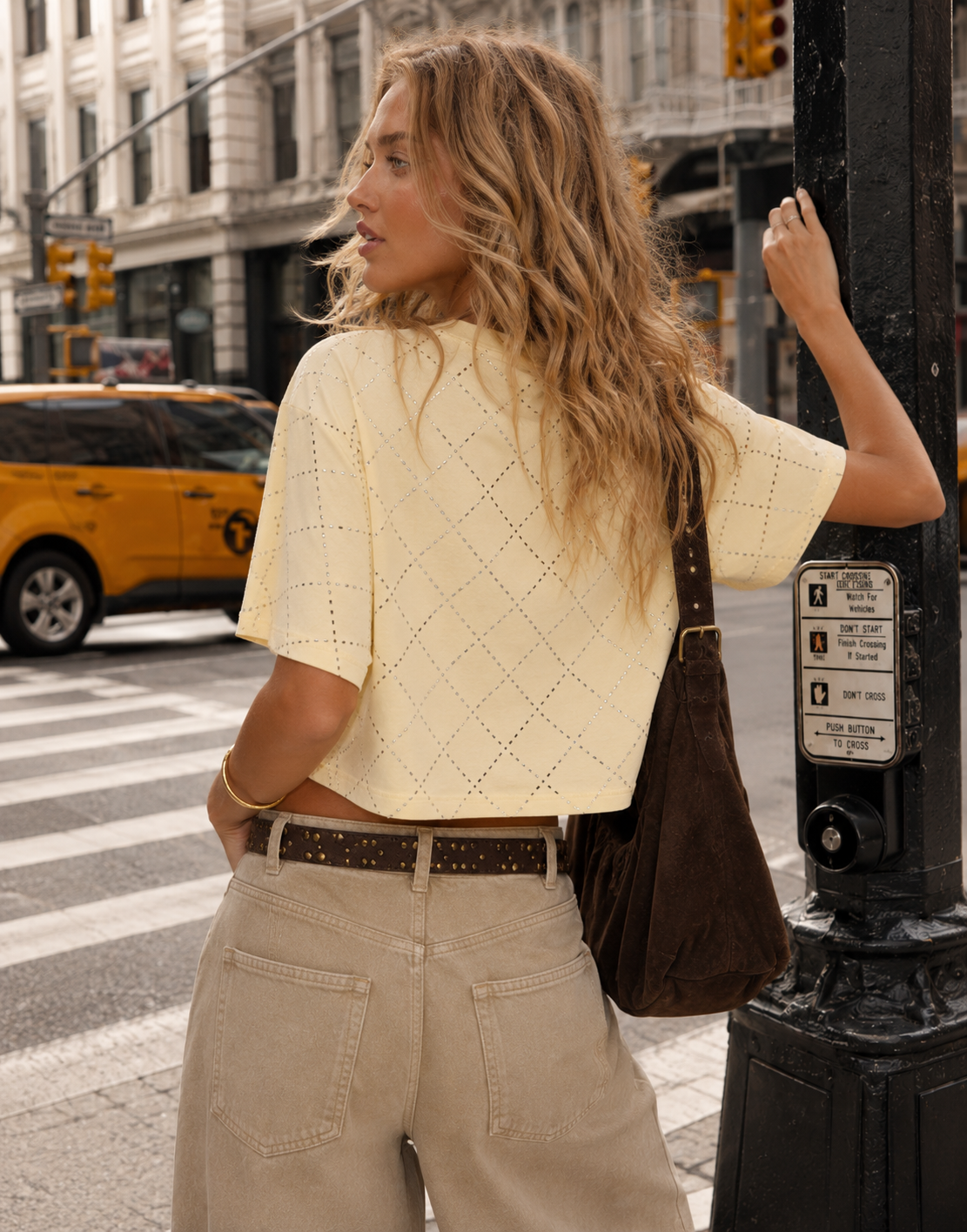 Diamond Studded Cropped Tee - Yellow