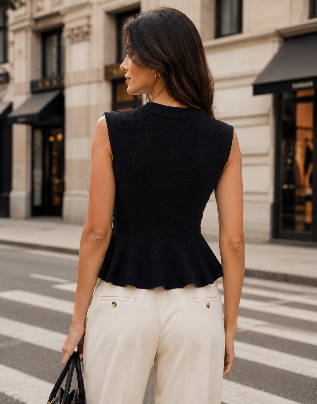 Peplum Button-Down Vest Top - Black