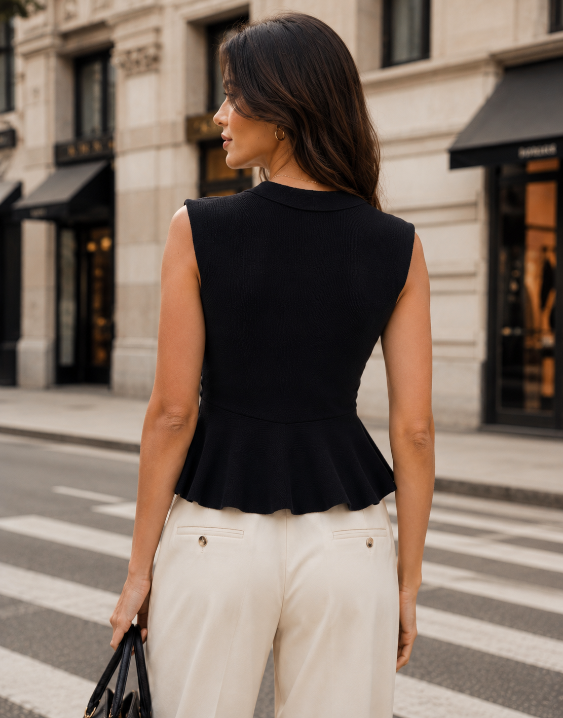 Peplum Button-Down Vest Top - Black