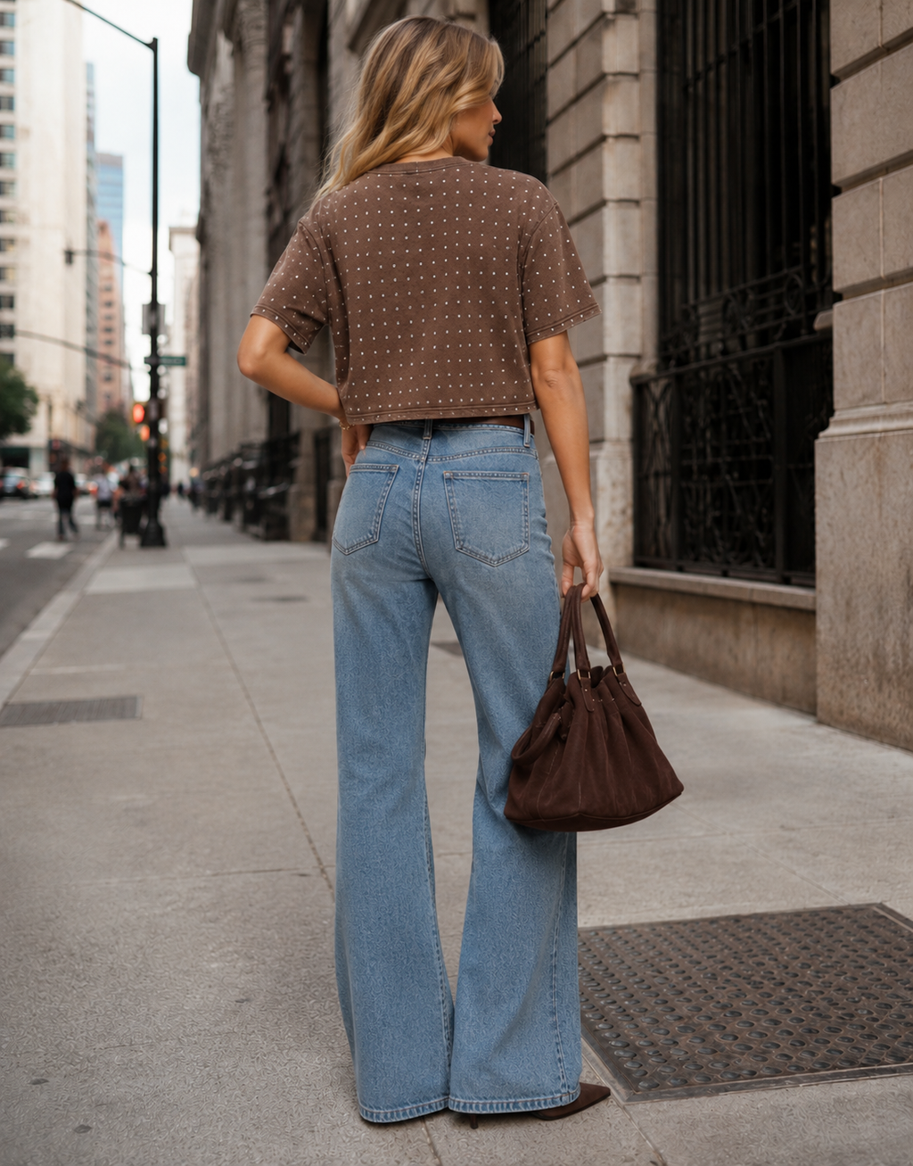 Cropped Studded T Shirt - Brown