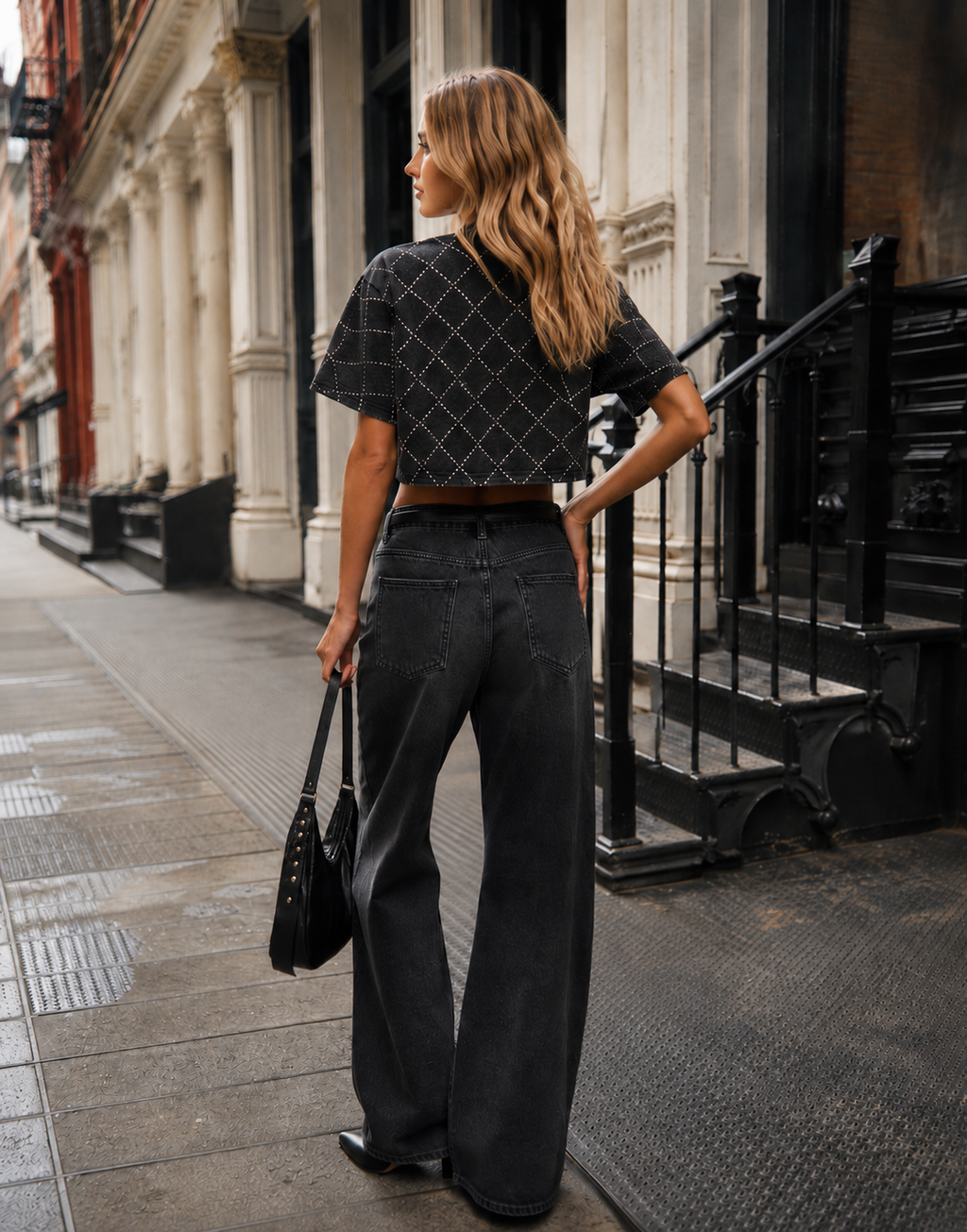 Diamond Studded Cropped Tee - Black