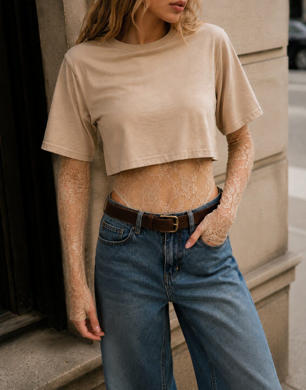 Lace Bodysuit With Boxy Cropped Tee Combo - Beige