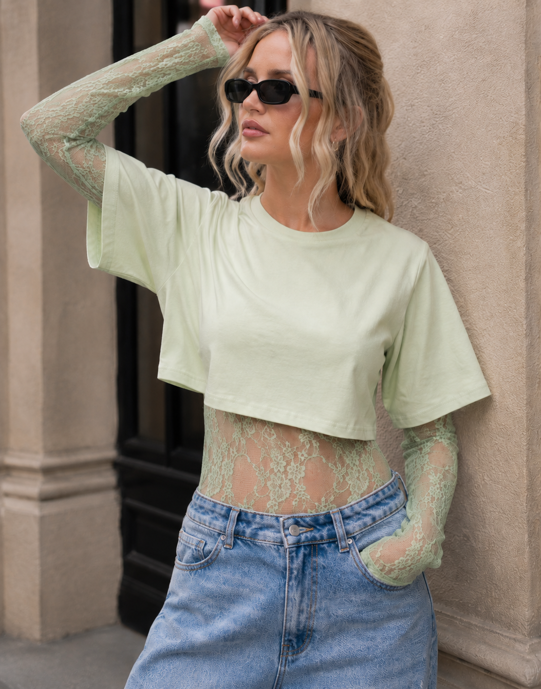 Lace Bodysuit With Boxy Cropped Tee Combo - Green