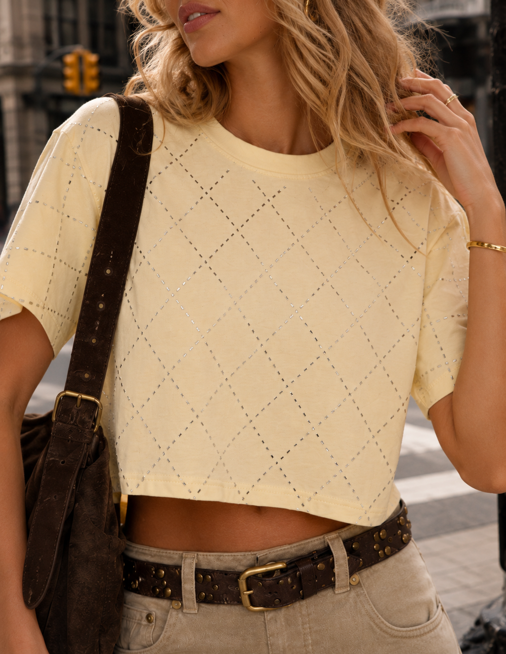 Diamond Studded Cropped Tee - Yellow