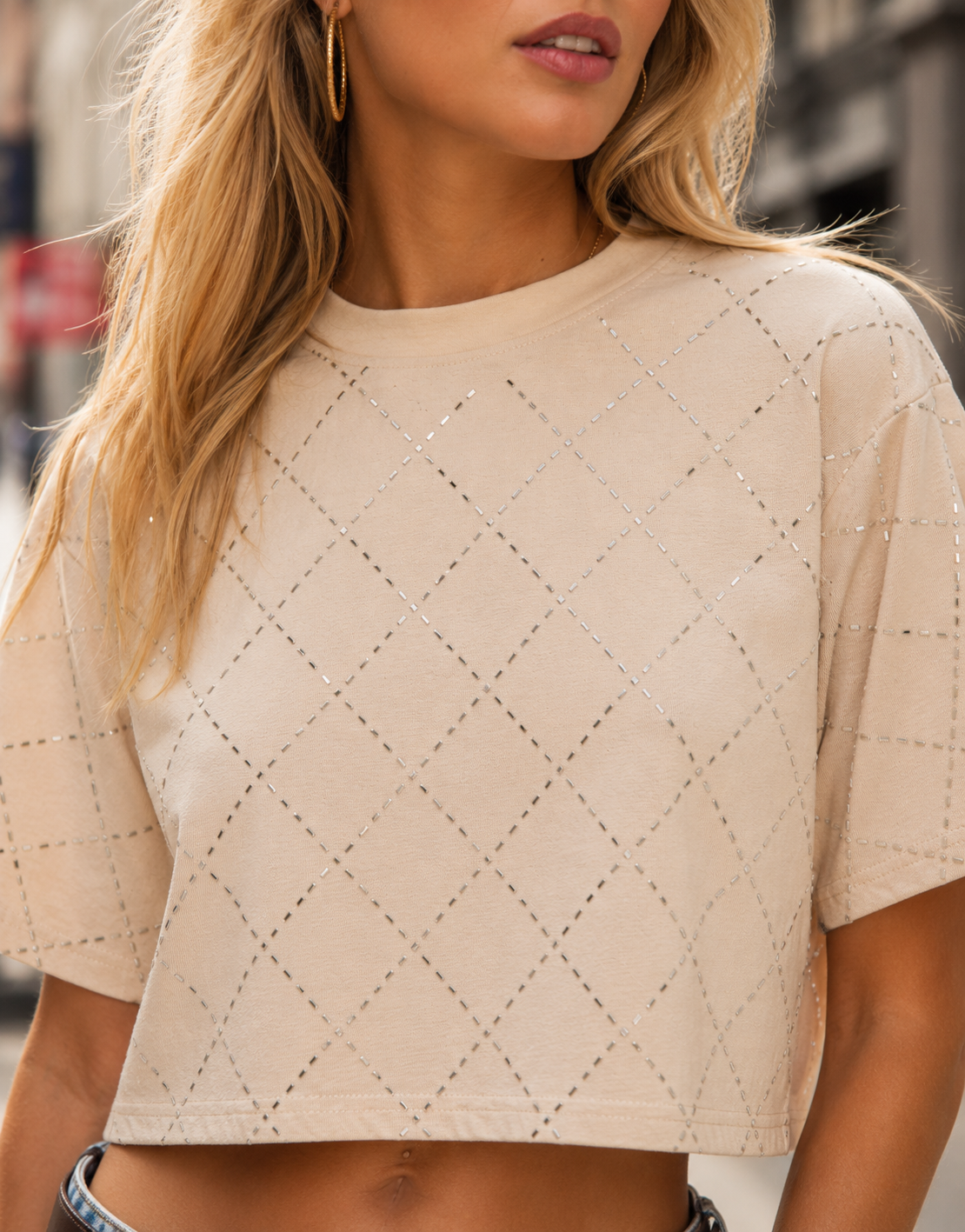 Diamond Studded Cropped Tee - Beige