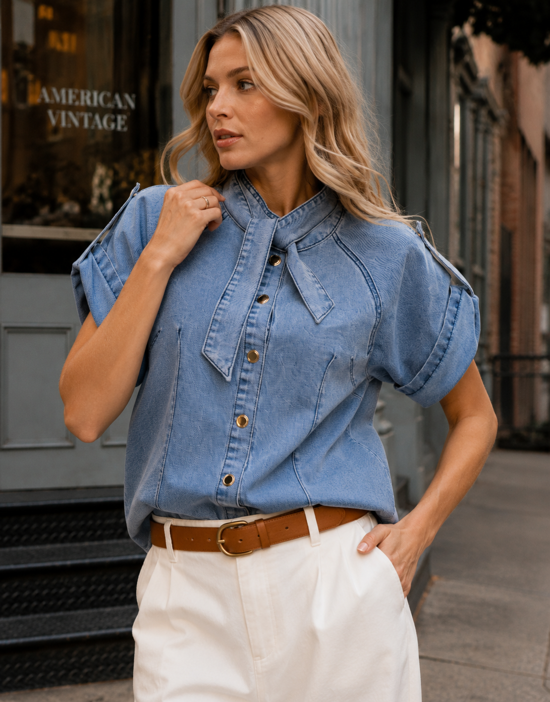 Structured Denim Button-Down Top - Denim