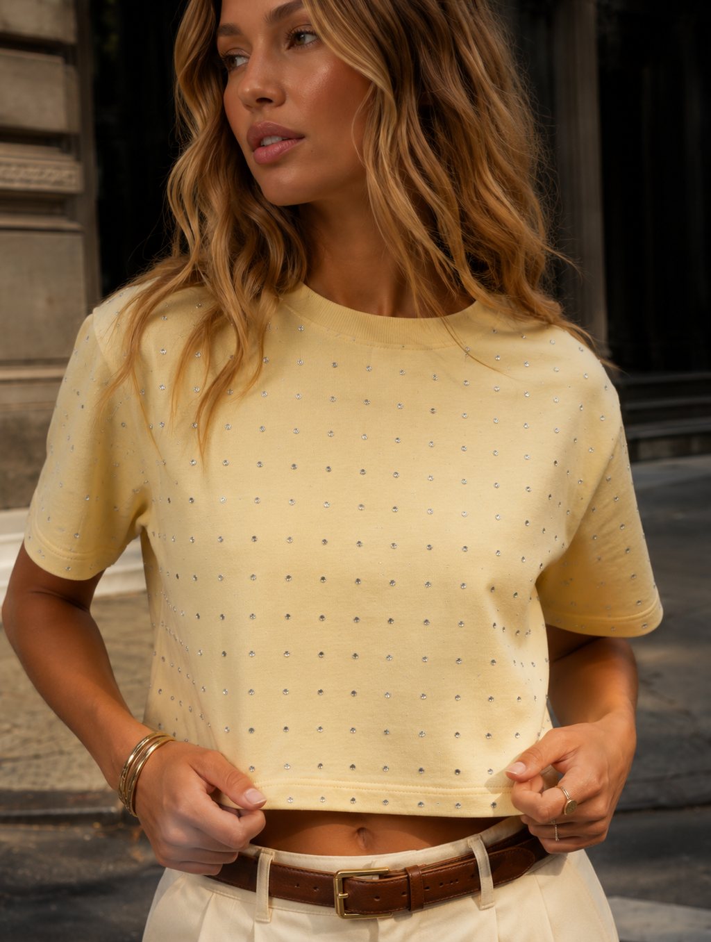 Cropped Studded T Shirt - Yellow