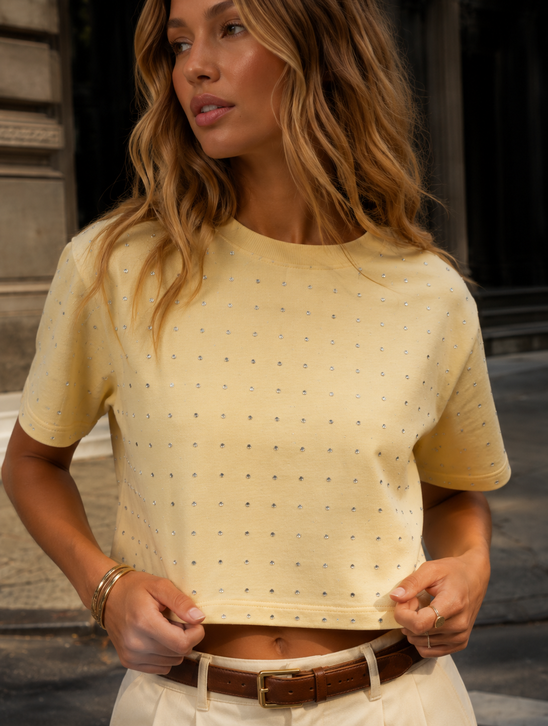 Cropped Studded T Shirt - Yellow