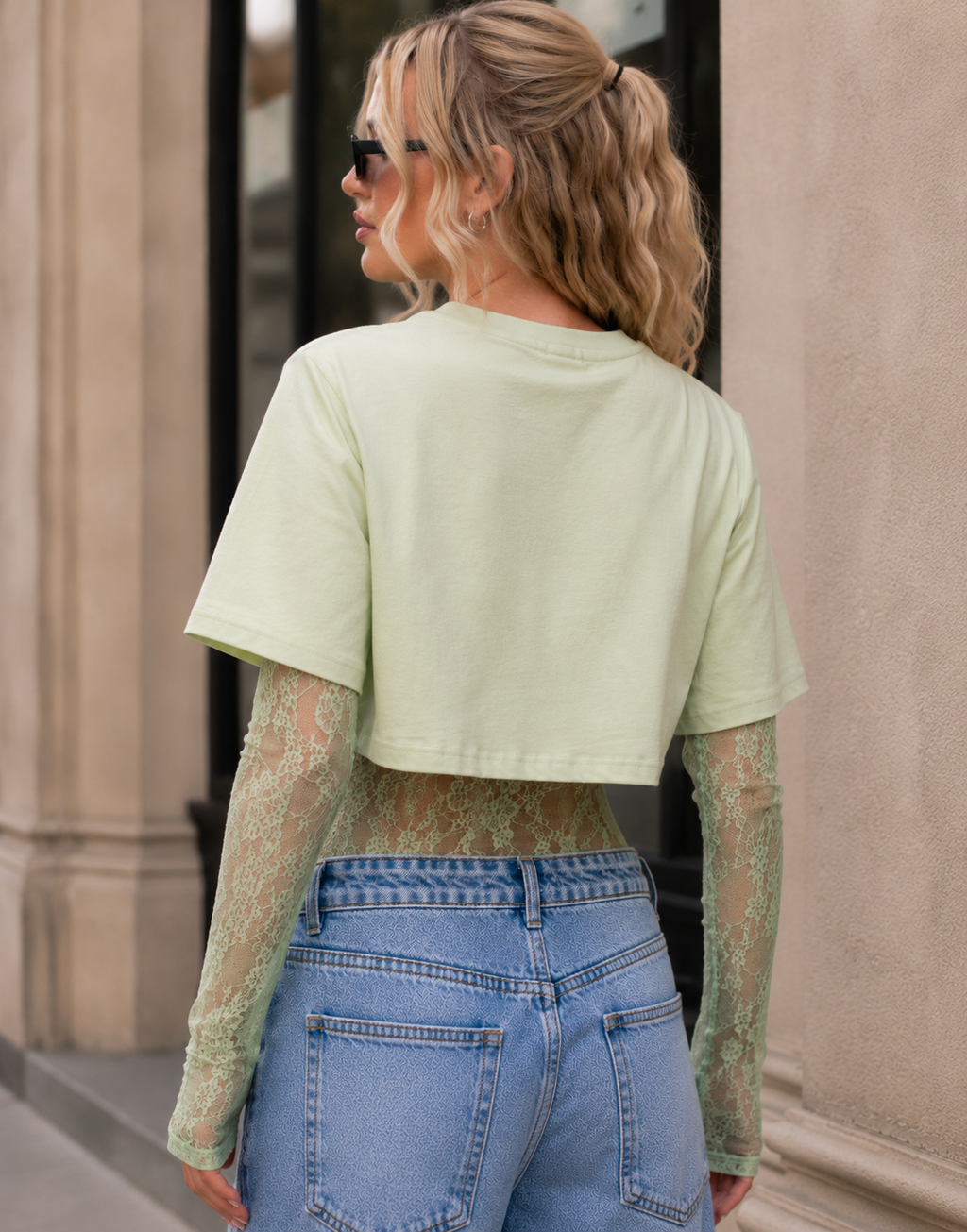 Lace Bodysuit With Boxy Cropped Tee Combo - Green