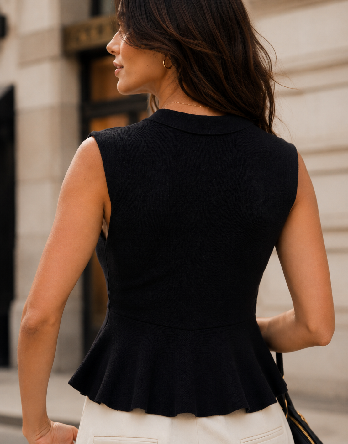 Peplum Button-Down Vest Top - Black