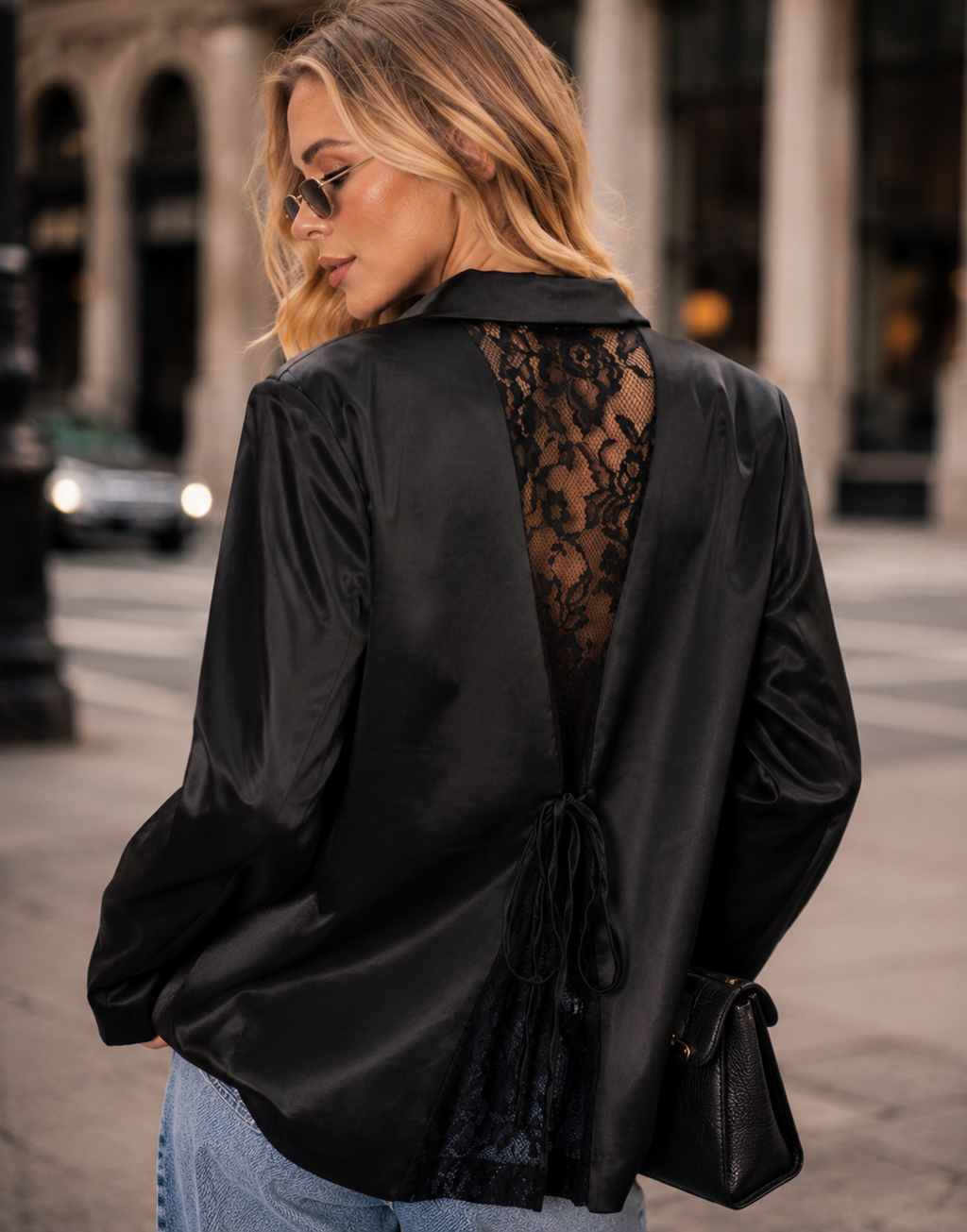 Satin Double-Breasted Blazer - Black